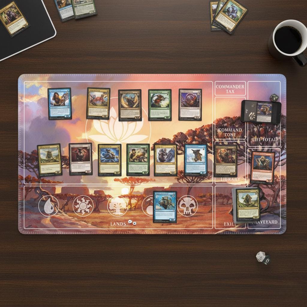 Lotus Flower MTG Mat | Scenic Savanna Art Playmat | 5 Color Mana Zone Layout | Magic The Gathering Commander Surface | TCG Magic