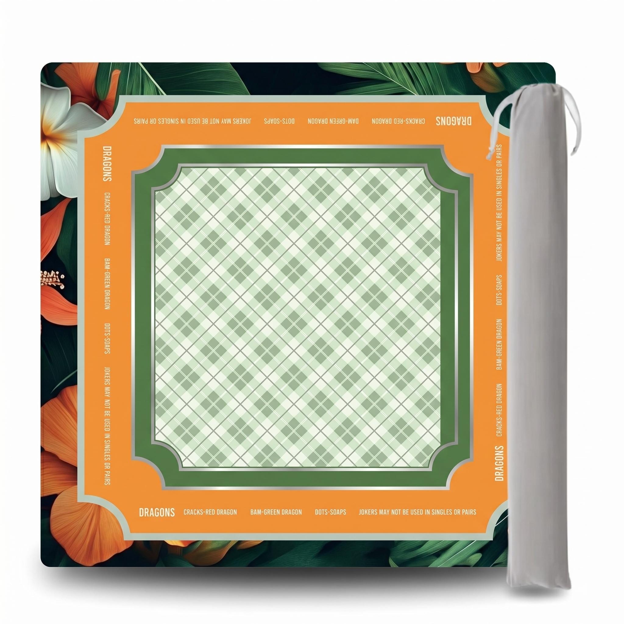 Tropical Botanical Border & Plaid Center Mahjong Playmat with Rule Guide