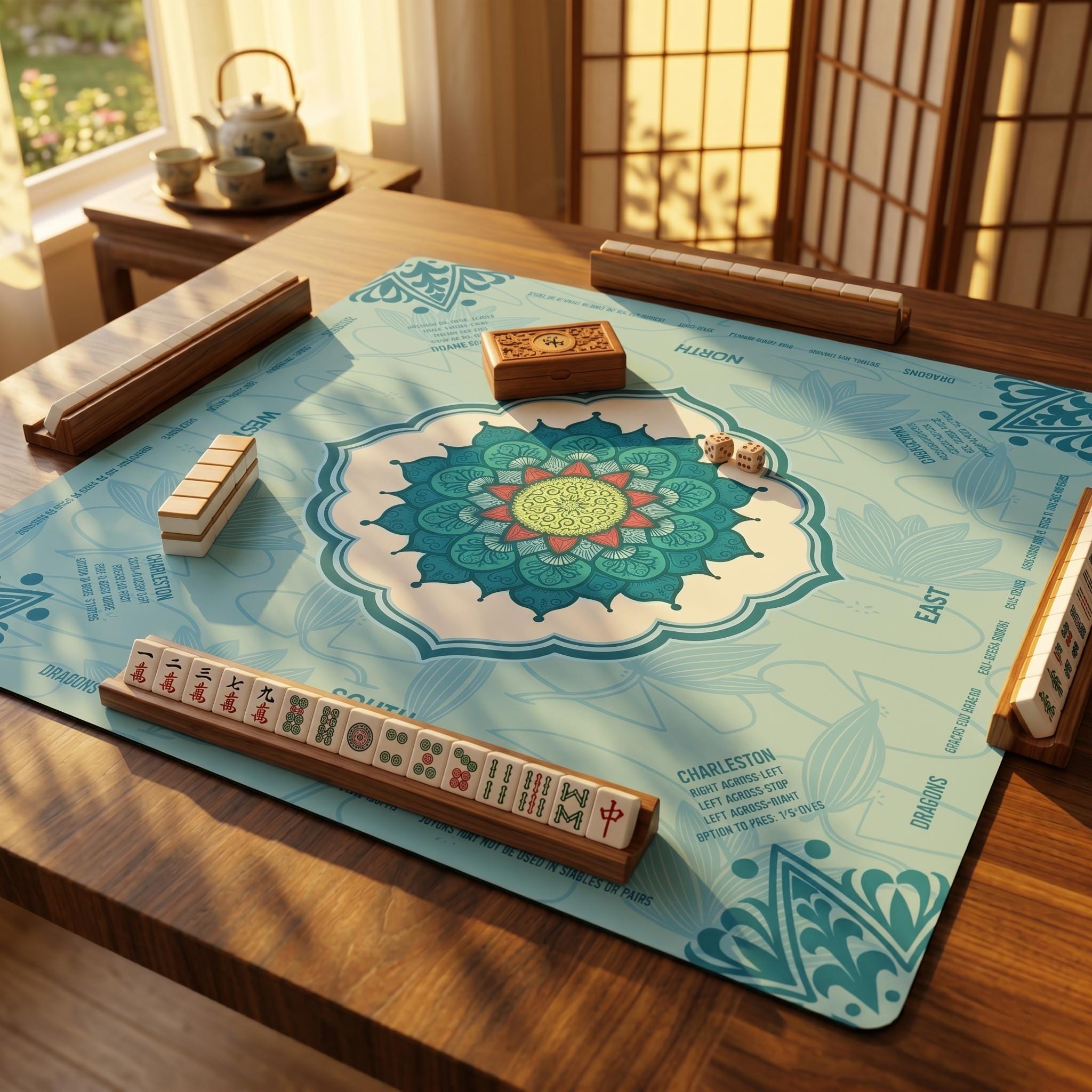 Lotus Flower Mandala Mahjong Mat with Instructions, NMJL Play Mat with Charleston Rules, Mahjong Accessories