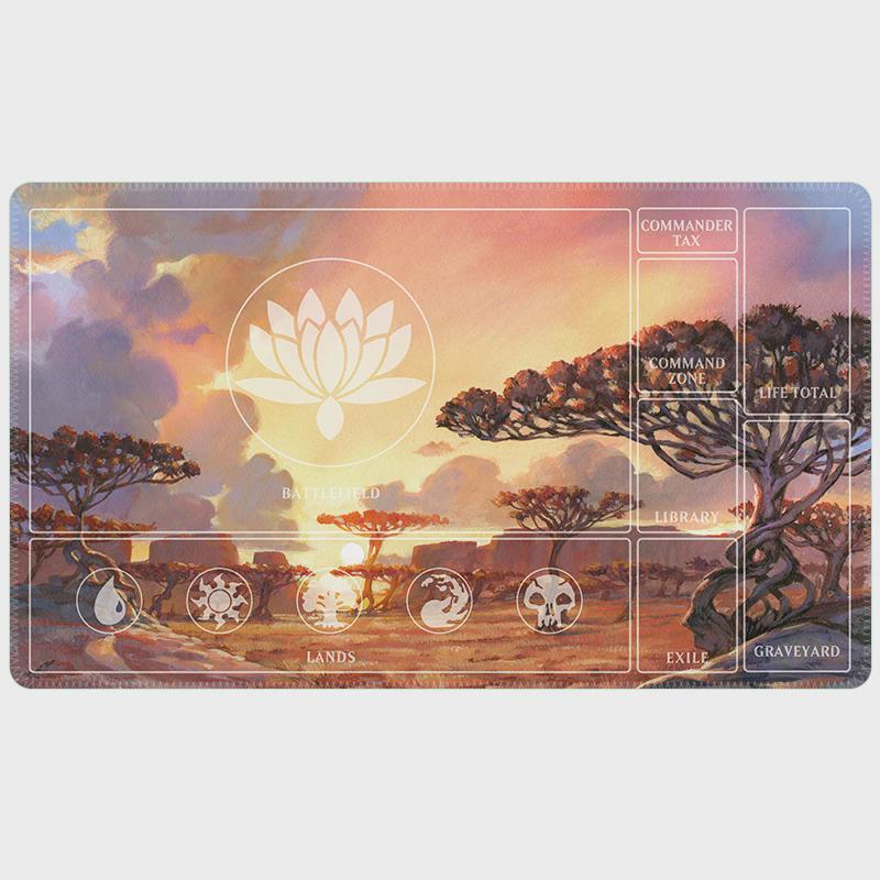 Lotus Flower MTG Mat | Scenic Savanna Art Playmat | 5 Color Mana Zone Layout | Magic The Gathering Commander Surface | TCG Magic