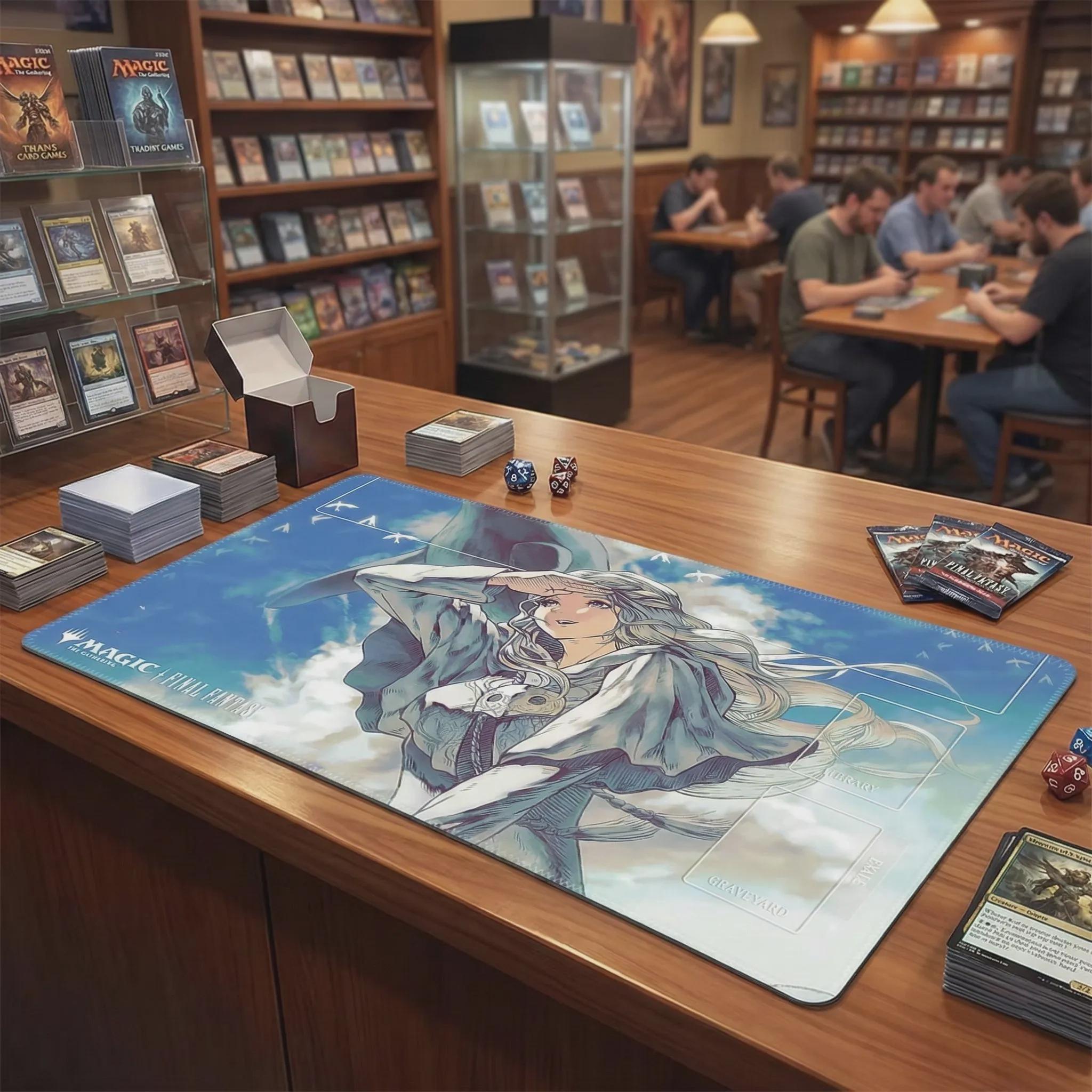 Final Fantasy x MTG Playmat - Anime Girl & Whale Sky Art - 24 x 14" Standard Size Mat with Card Zones - Magic The Gathering Gift for Gamers