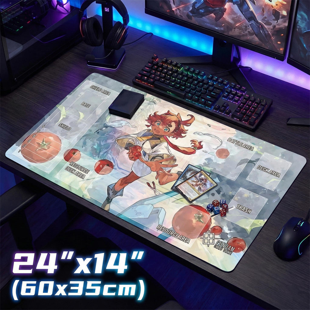 Gundam Card Game Playmat Suletta Mercury & Aerial–TCG Desk Mat with Zones – 24x14 Pro Gaming Mat–Custom Anime Card Mat Accessory