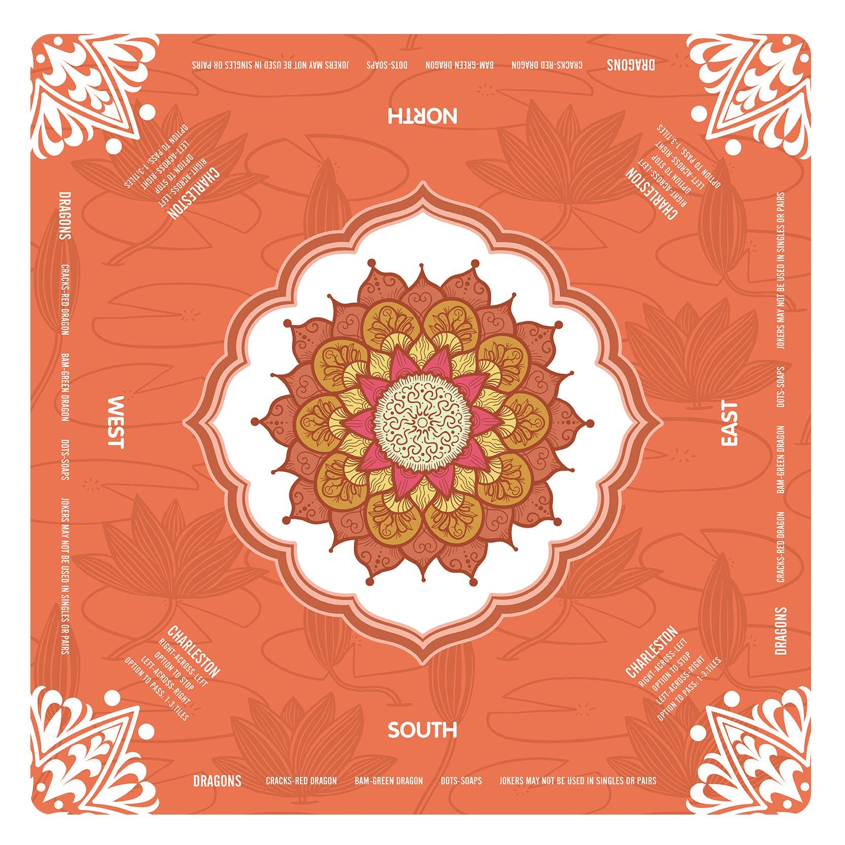 Lotus Flower Mandala Mahjong Mat with Instructions, NMJL Play Mat with Charleston Rules, Mahjong Accessories