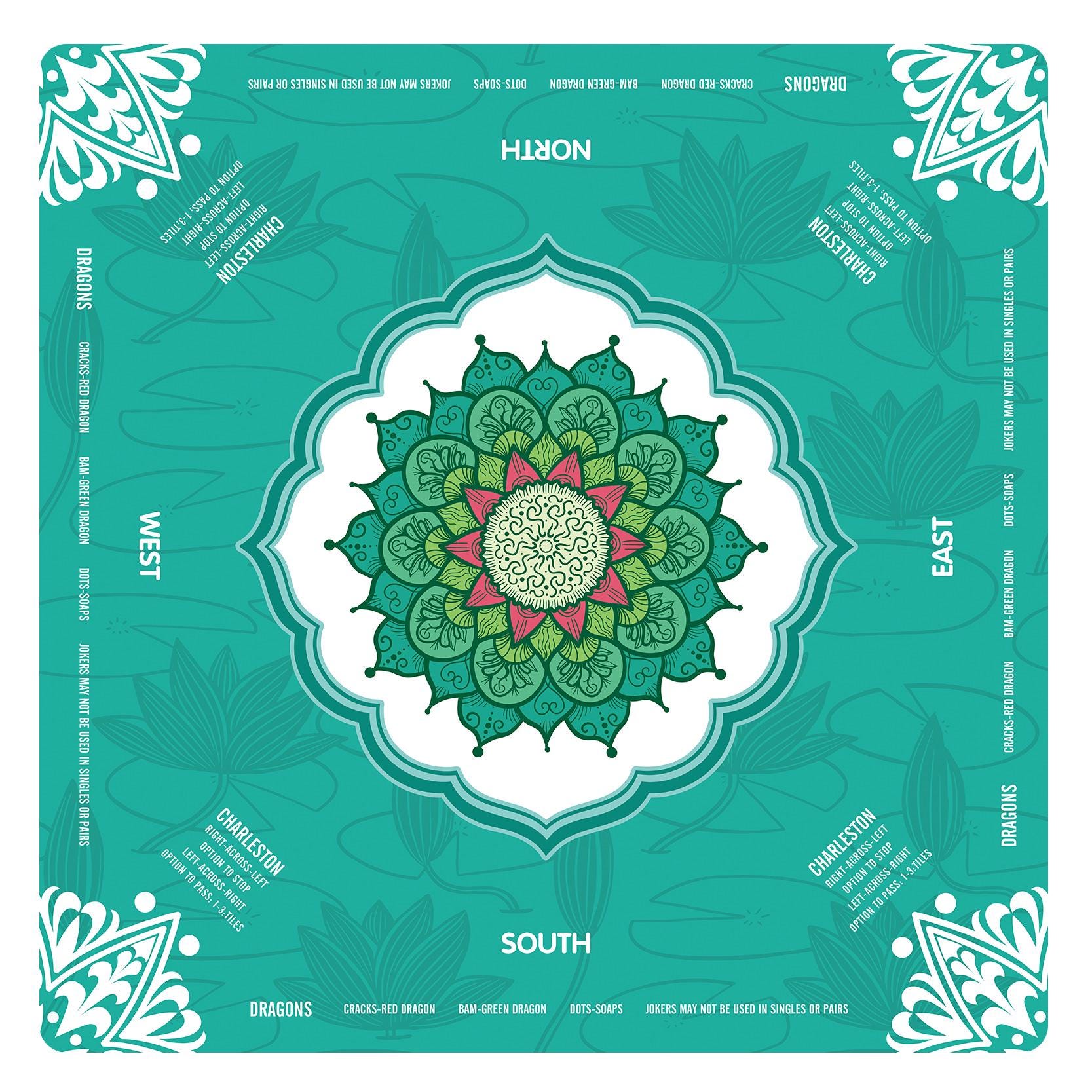 Lotus Flower Mandala Mahjong Mat with Instructions, NMJL Play Mat with Charleston Rules, Mahjong Accessories