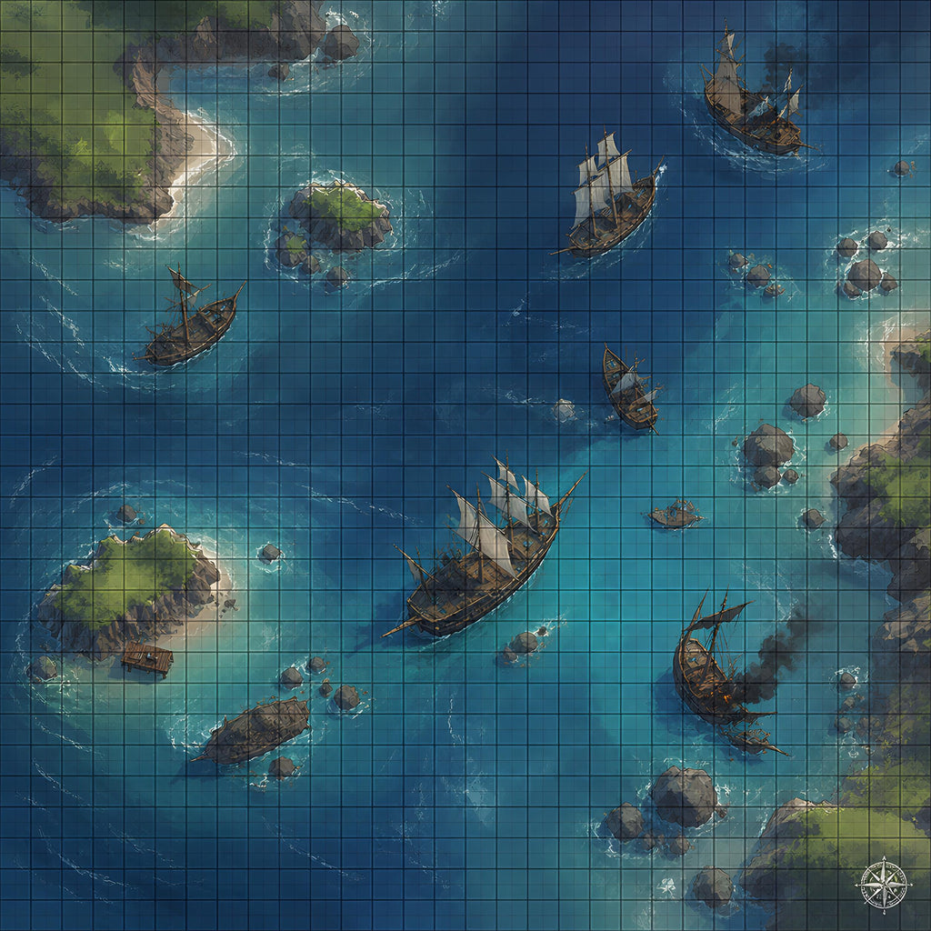 Naval Battle TTRPG Playmat - 24"x24" Tactical Grid Map for D&D - Available in Bigger Sizes