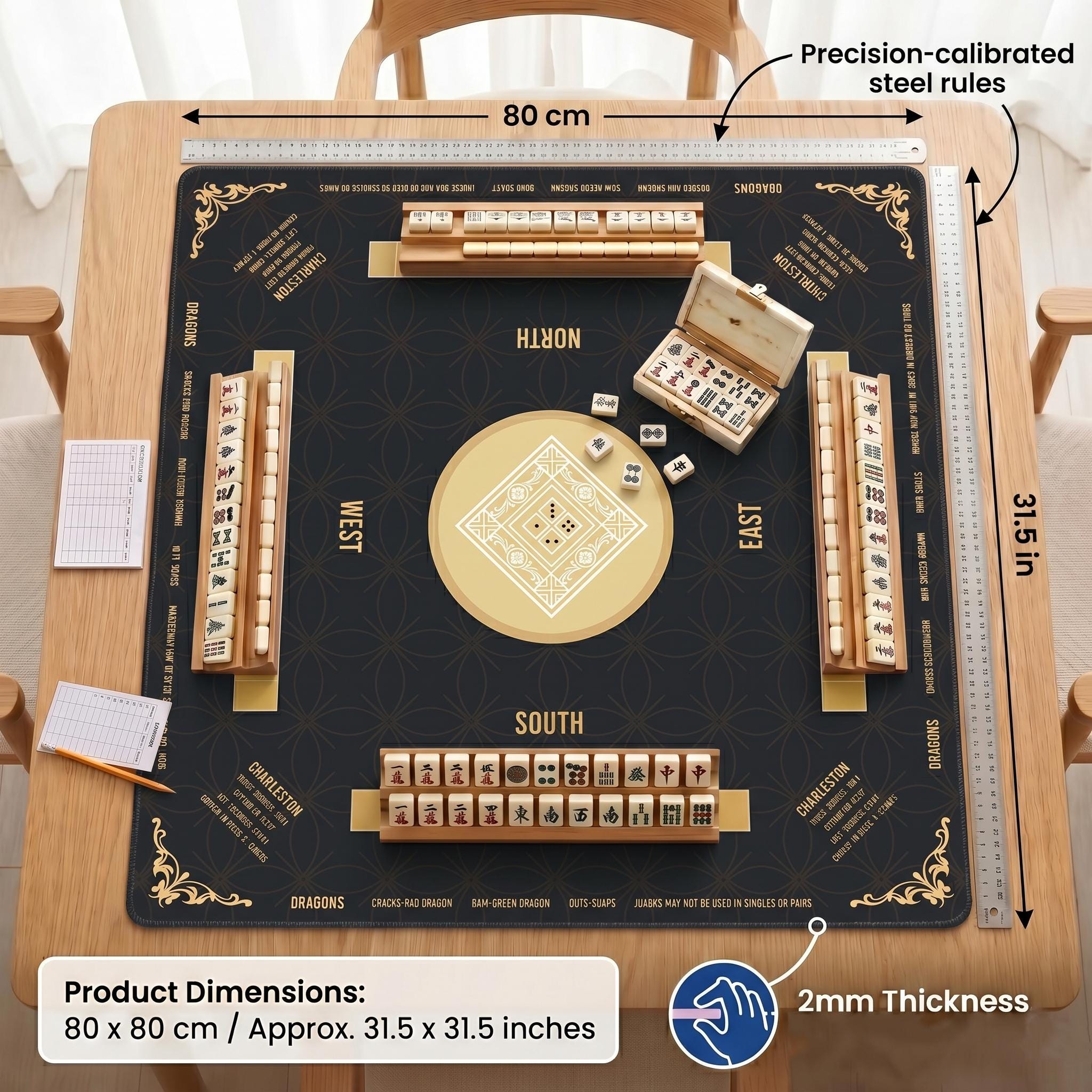 Professional Mahjong Mat with Instructions - Board Game Table Mat - Non-Slip Game Night Table Protector - Gift for Mahjong Players & Hosts