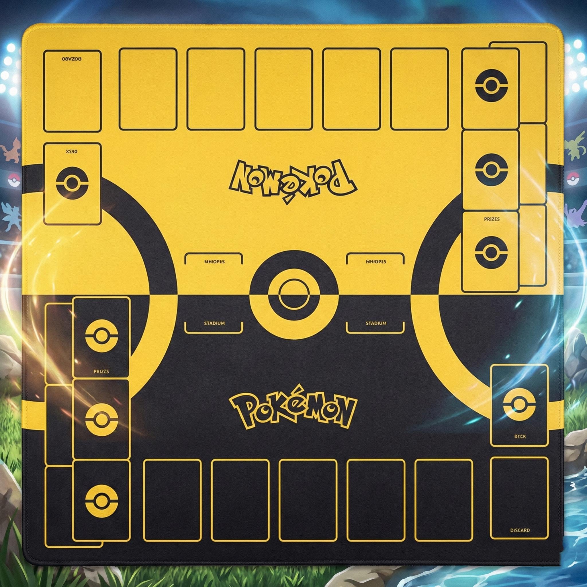 Two Player Pokemon Playmat | Duo TCG PTC Battle Mat | Double Field Resource & Zones |  24 x 24 inches