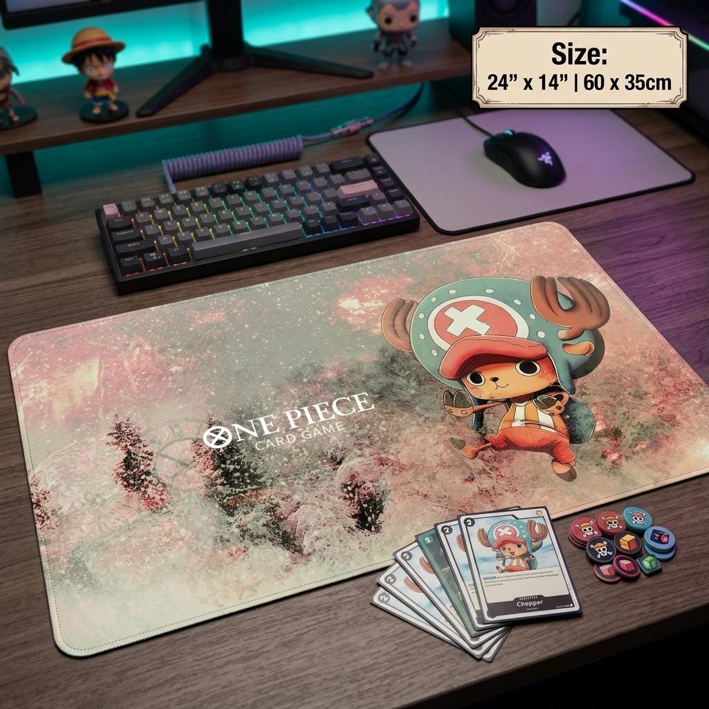 Tony Tony Chopper Playmat with Zones for One Piece TCG, Winter Cherry Blossom TCG Desk Mat, Custom Anime Trading Card Game Play Mat