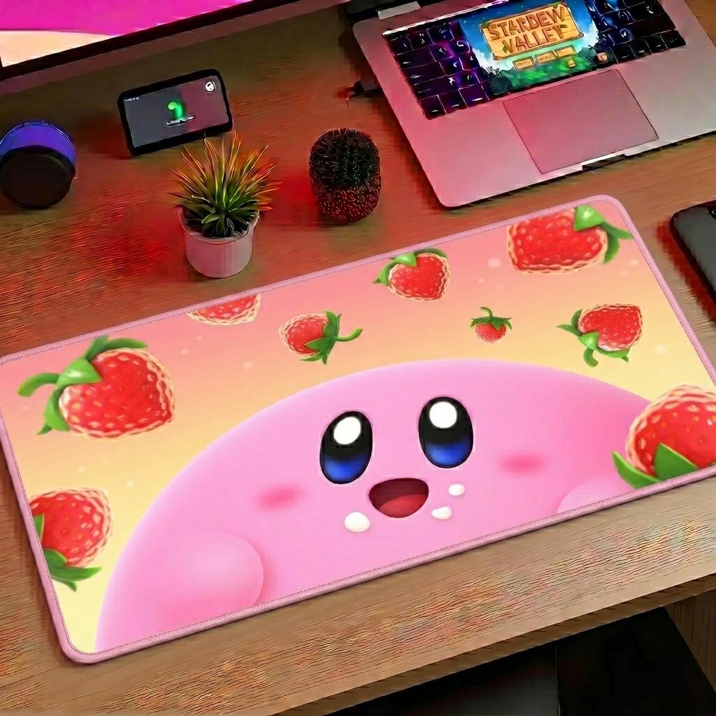 Kirby Pink Strawberry Gaming Desk Mat | Pink Mousepad