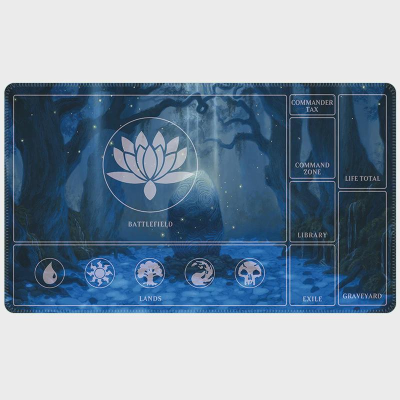MTG Commander Playmat with Card Zones | Magic the Gathering EDH Gaming Mat | Blue Lotus Mystic Forest Design | TCG Tabletop Desk Mat | 24x14