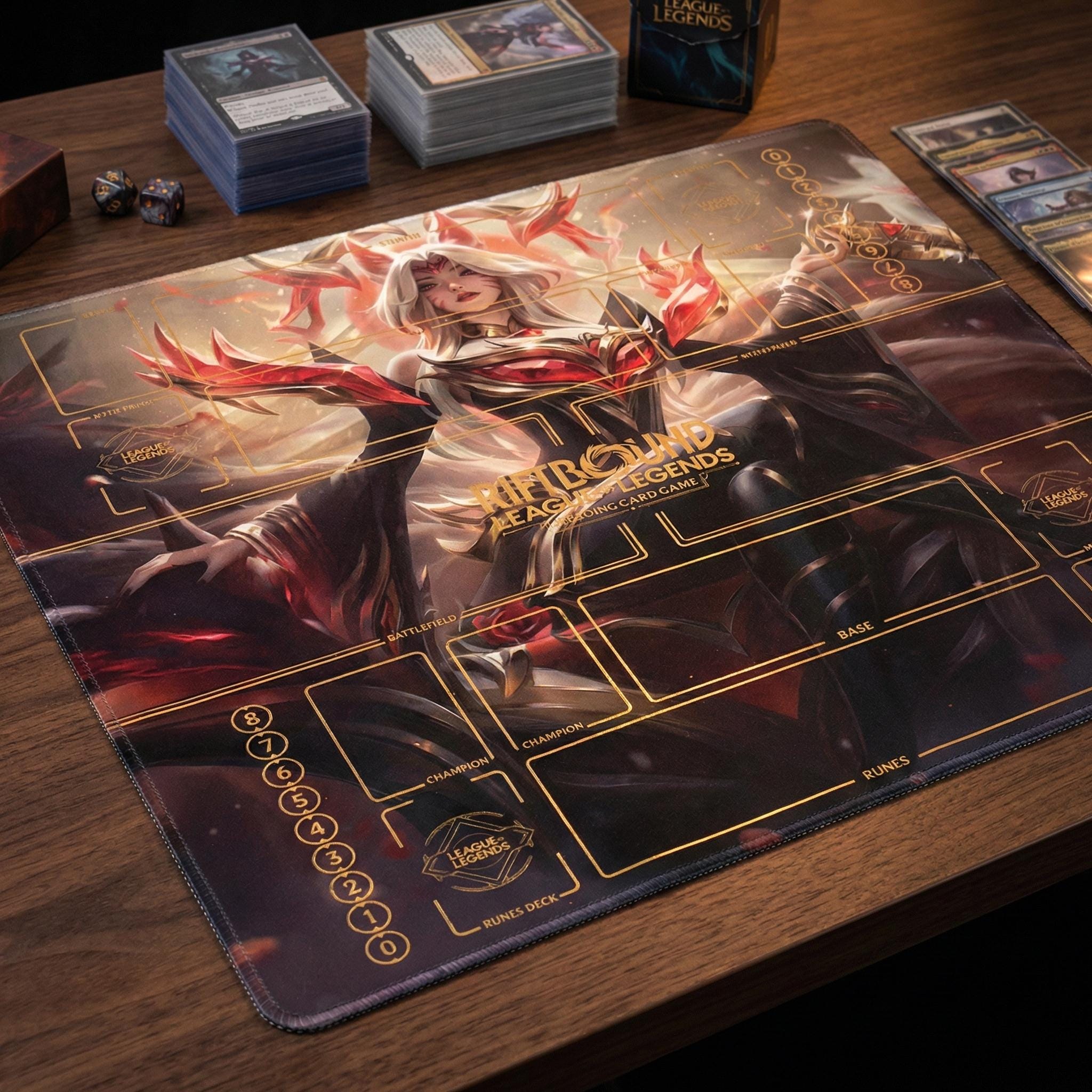 Ahri Duo Zones Riftbound Playmat - League of Legends Inspired Trading Card Game - 24" x 24" inches (60 x 60 cm) Two Player Battlefield Mat