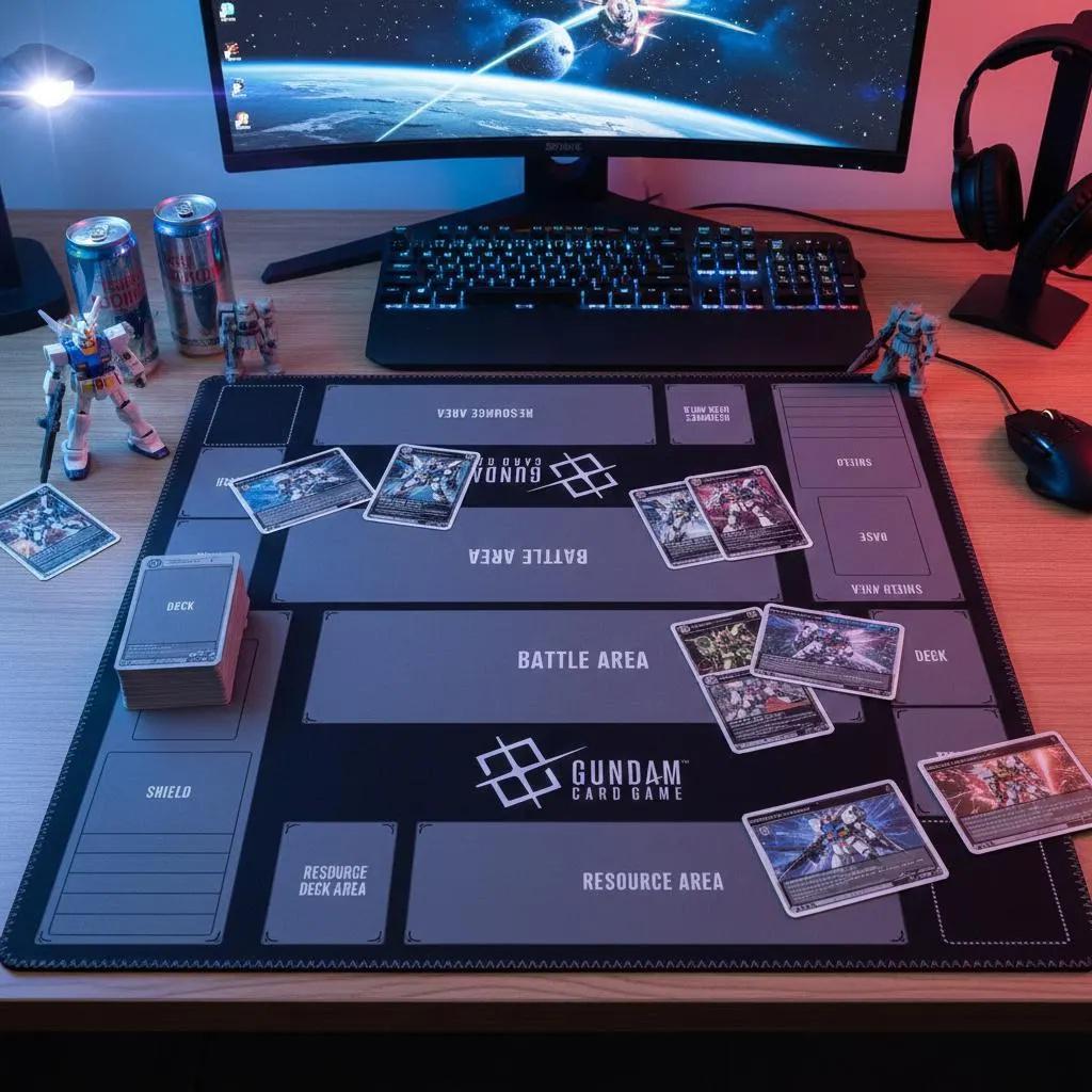 Gundam Card Game 2 Player Playmat, Duo Battle Mat with Zones, Large 24x24 TCG Desk Mat, Professional Two Player Layout, Anime Card Game Mat