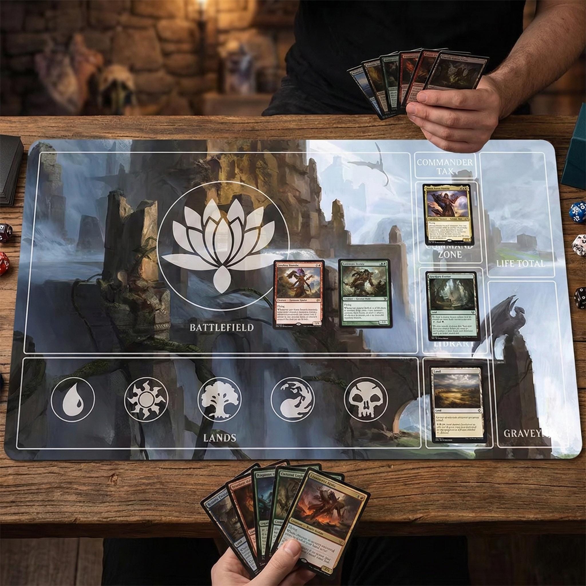 MTG Commander Playmat with Zones | Lotus Fantasy Art Magic the Gathering Mat | EDH Game Pad 24 x 14" | Gamer Desk Mat Gift
