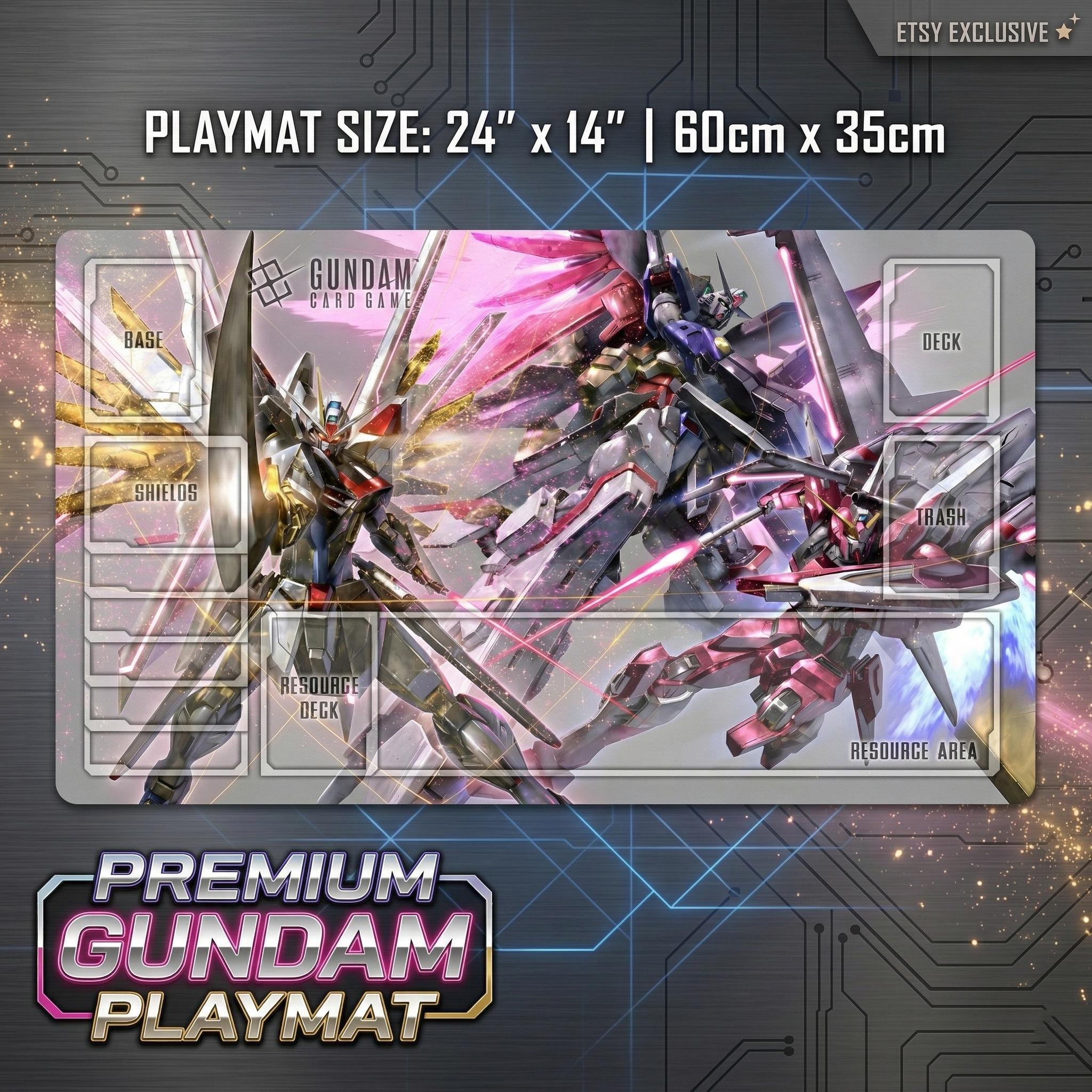 Gundam TCG Playmat - Rising Freedom & Immortal Justice Desk Mat - 24x14 Mecha Trading Card Game Mat | Mouse pad - Anime Gamer Gift Idea