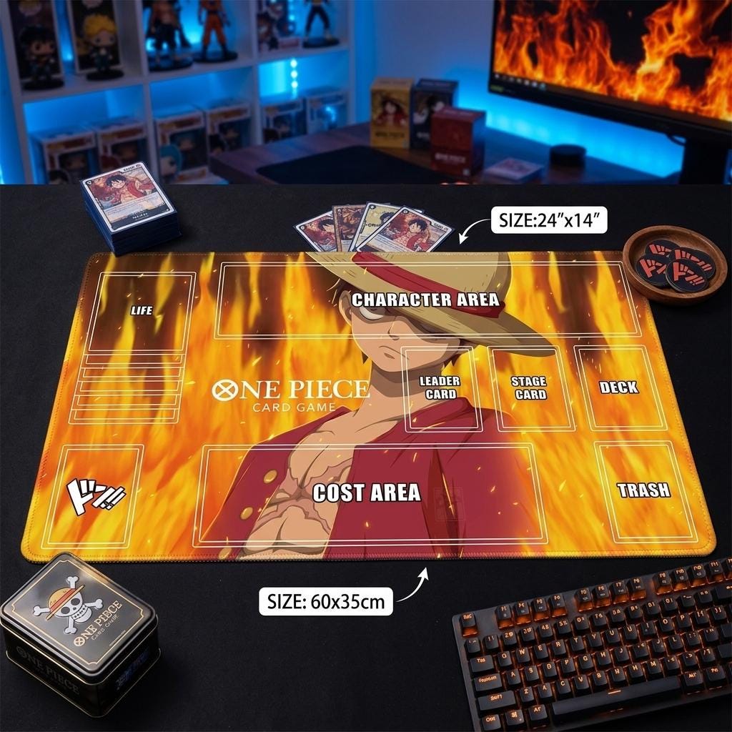 One Piece TCG Playmat with Card Zones, Fiery Luffy Custom Desk Mat, Anime TCG Play Mat for One Piece Card Game, Anime Gift for Gamers