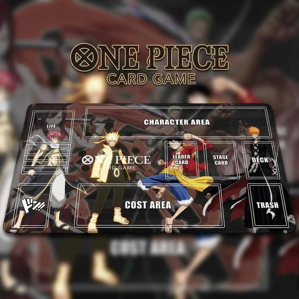 One Piece Card Game Playmat | Luffy, Naruto, Ichigo, Natsu, Zoro | Custom TCG Desk Mat with Zones | Gear 5 & Shonen Jump Fan Gift | 24 x 14"
