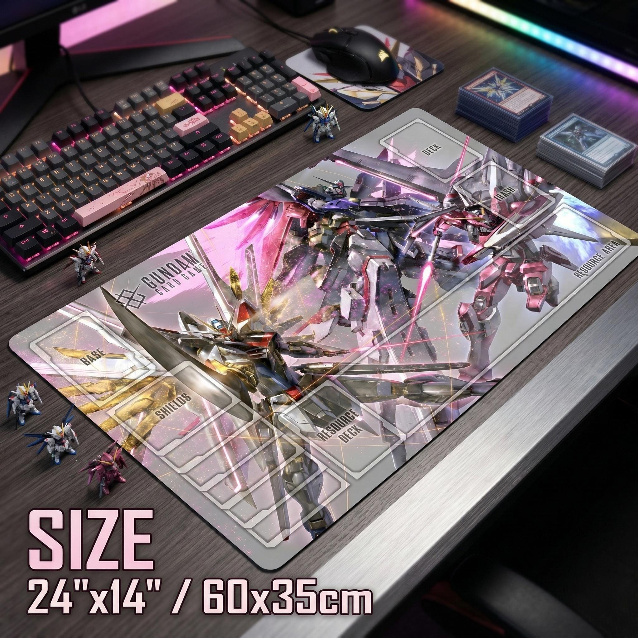 Gundam TCG Playmat - Rising Freedom & Immortal Justice Desk Mat - 24x14 Mecha Trading Card Game Mat | Mouse pad - Anime Gamer Gift Idea
