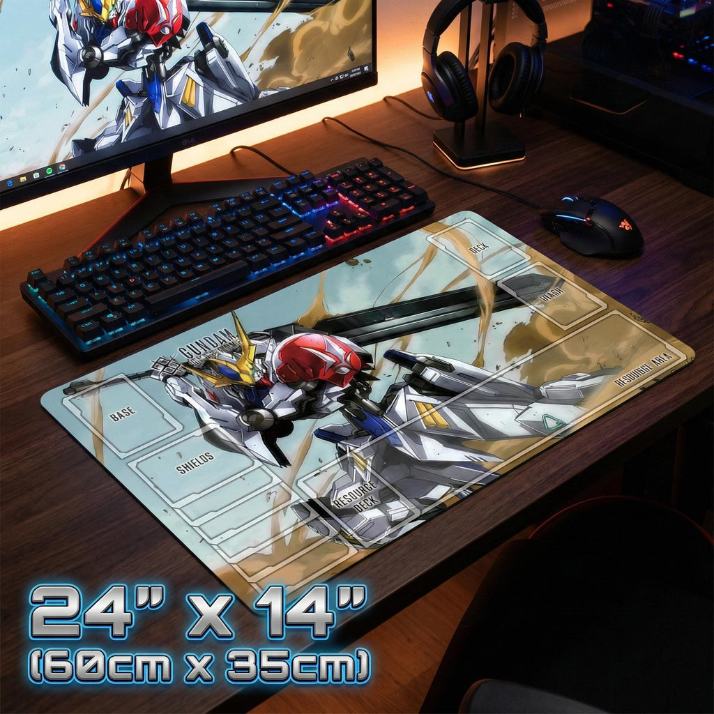 Gundam Card Game Playmat with Zones, Barbatos Lupus Rex TCG Mat, 24x14 Desk Mat for GCG & Card Games, Gundam Gift for Him, ASW-G-08 Mech Art