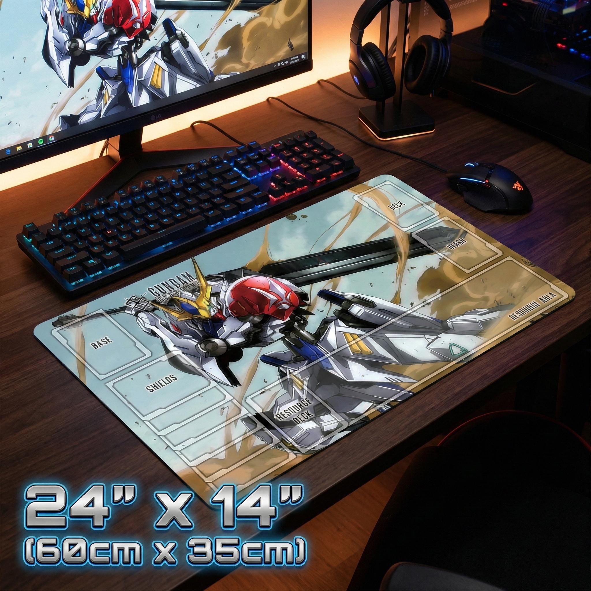 Gundam Card Game Playmat with Zones, Barbatos Lupus Rex TCG Mat, 24x14 Desk Mat for GCG & Card Games, Gundam Gift for Him, ASW-G-08 Mech Art
