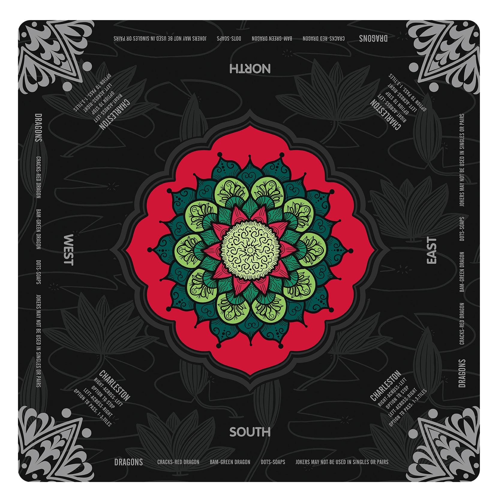 Lotus Flower Mandala Mahjong Mat with Instructions, NMJL Play Mat with Charleston Rules, Mahjong Accessories