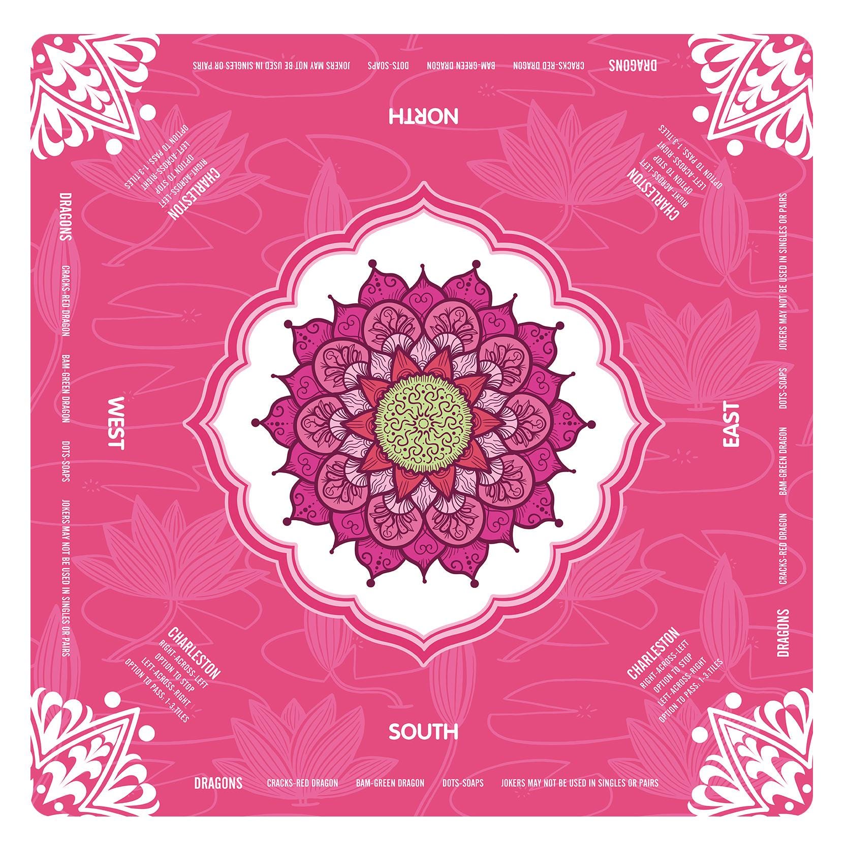 Lotus Flower Mandala Mahjong Mat with Instructions, NMJL Play Mat with Charleston Rules, Mahjong Accessories