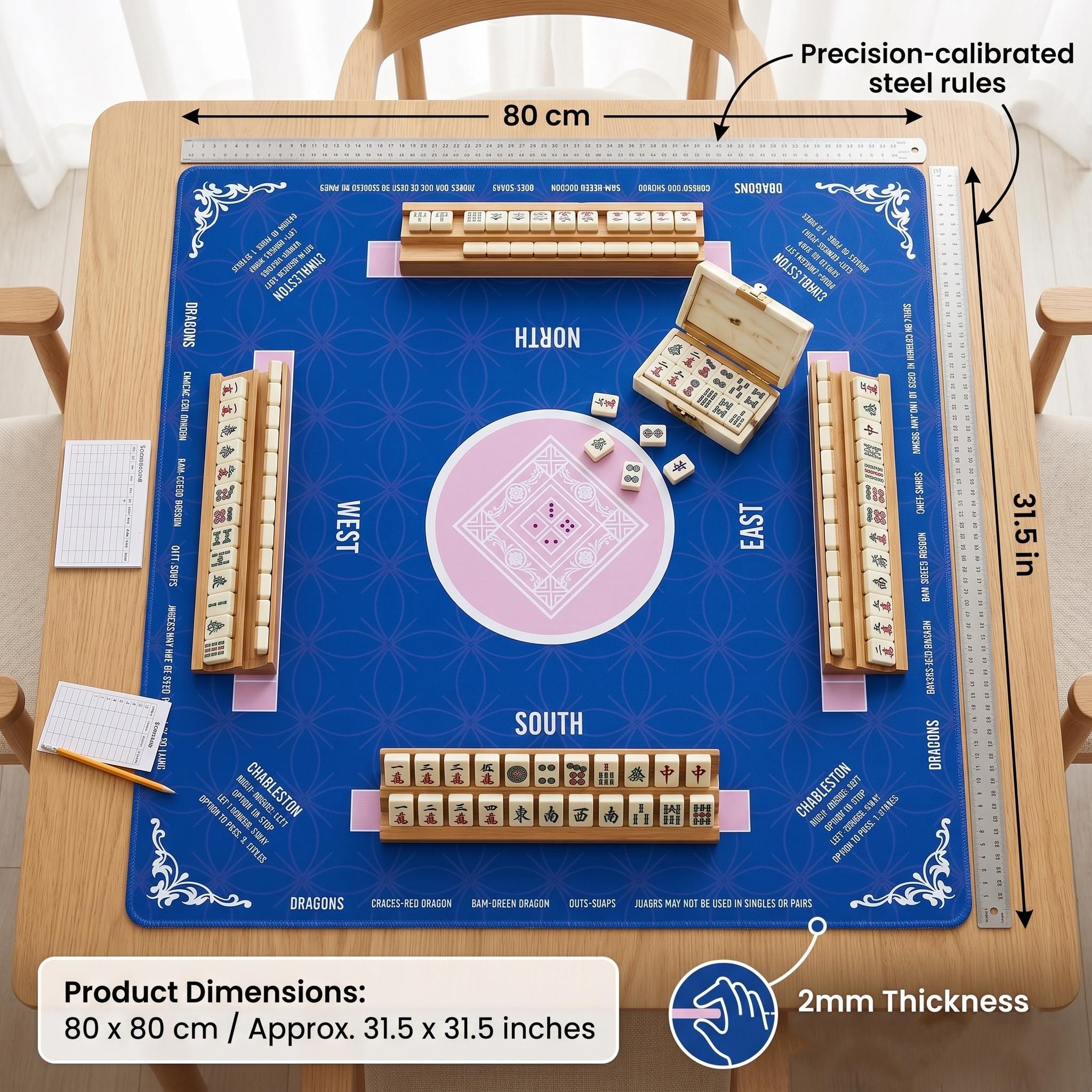 Modern Navy Blue Mahjong Mat with Charleston Rules