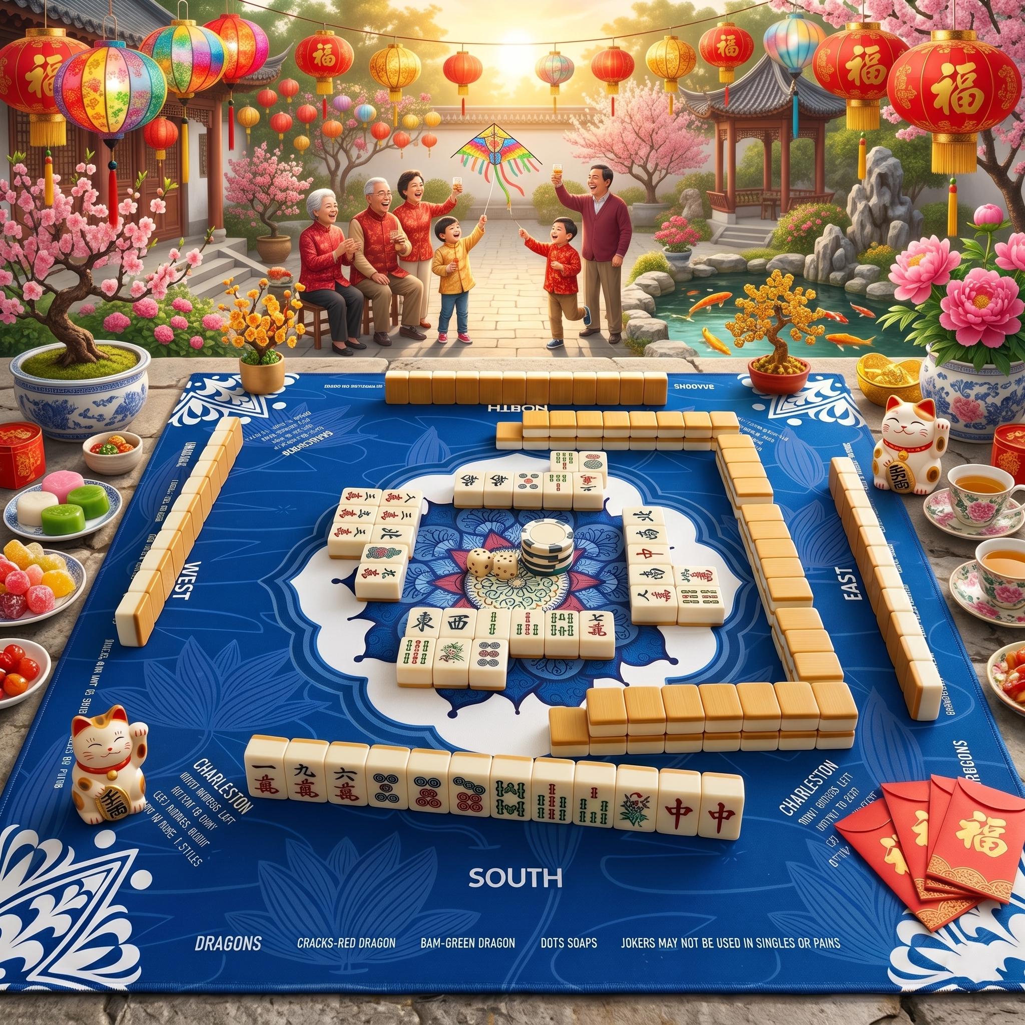 Lotus Flower Mandala Mahjong Mat with Instructions, NMJL Play Mat with Charleston Rules, Mahjong Accessories