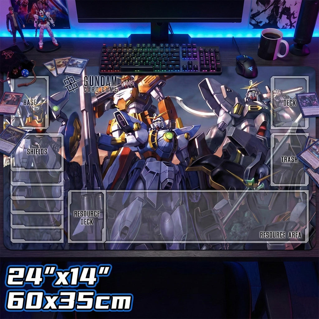 Gundam Card Game Playmat with Zones - 24x14" Gundam Wing TCG Card Mat & Desk Mat - Non-Slip Rubber Base GCG Gaming Accessory Gift for Fans