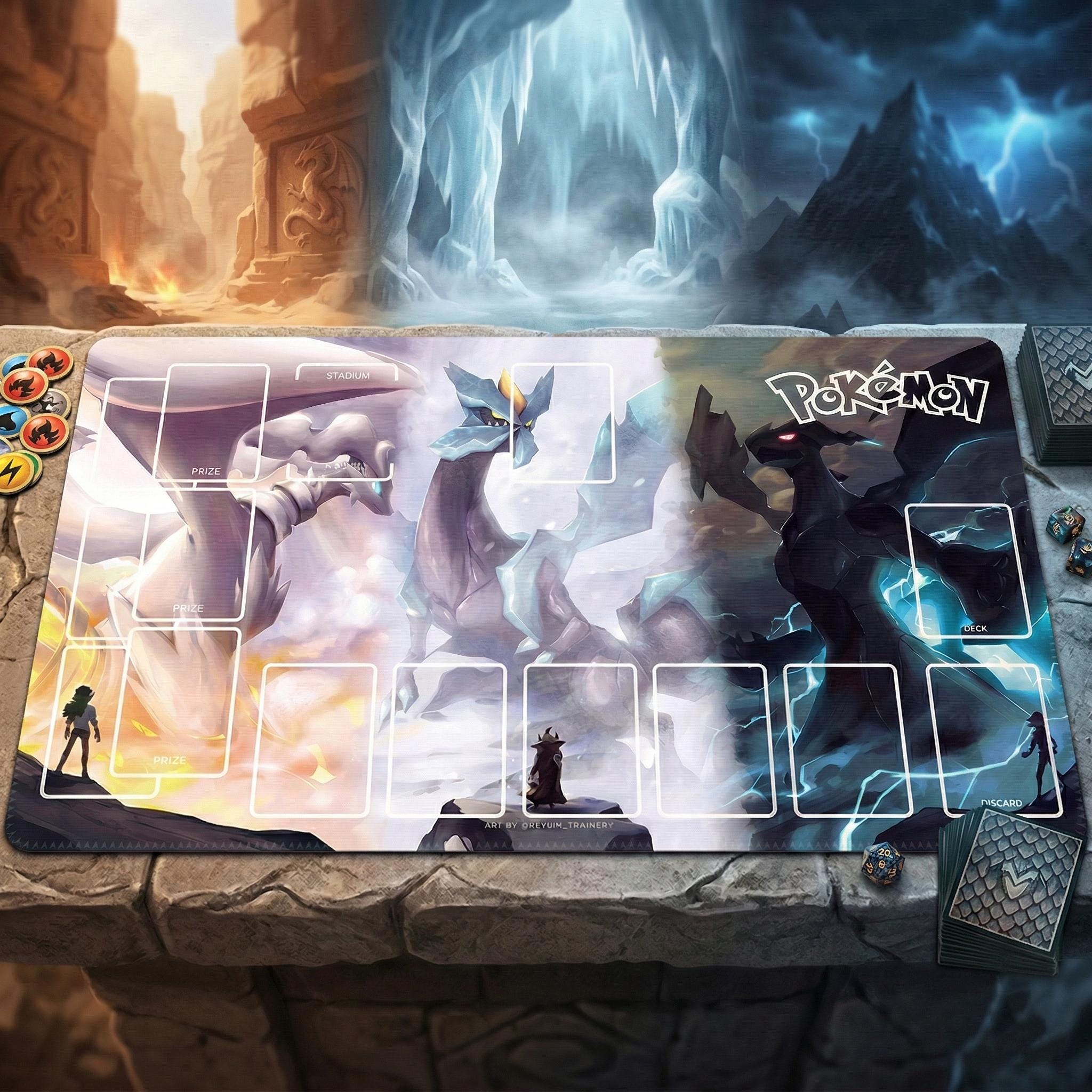 Pokemon Playmat | PTCG Card Game Mat | Reshiram Kyurem Zekrom Pokemon Playmat | 24x14" inches