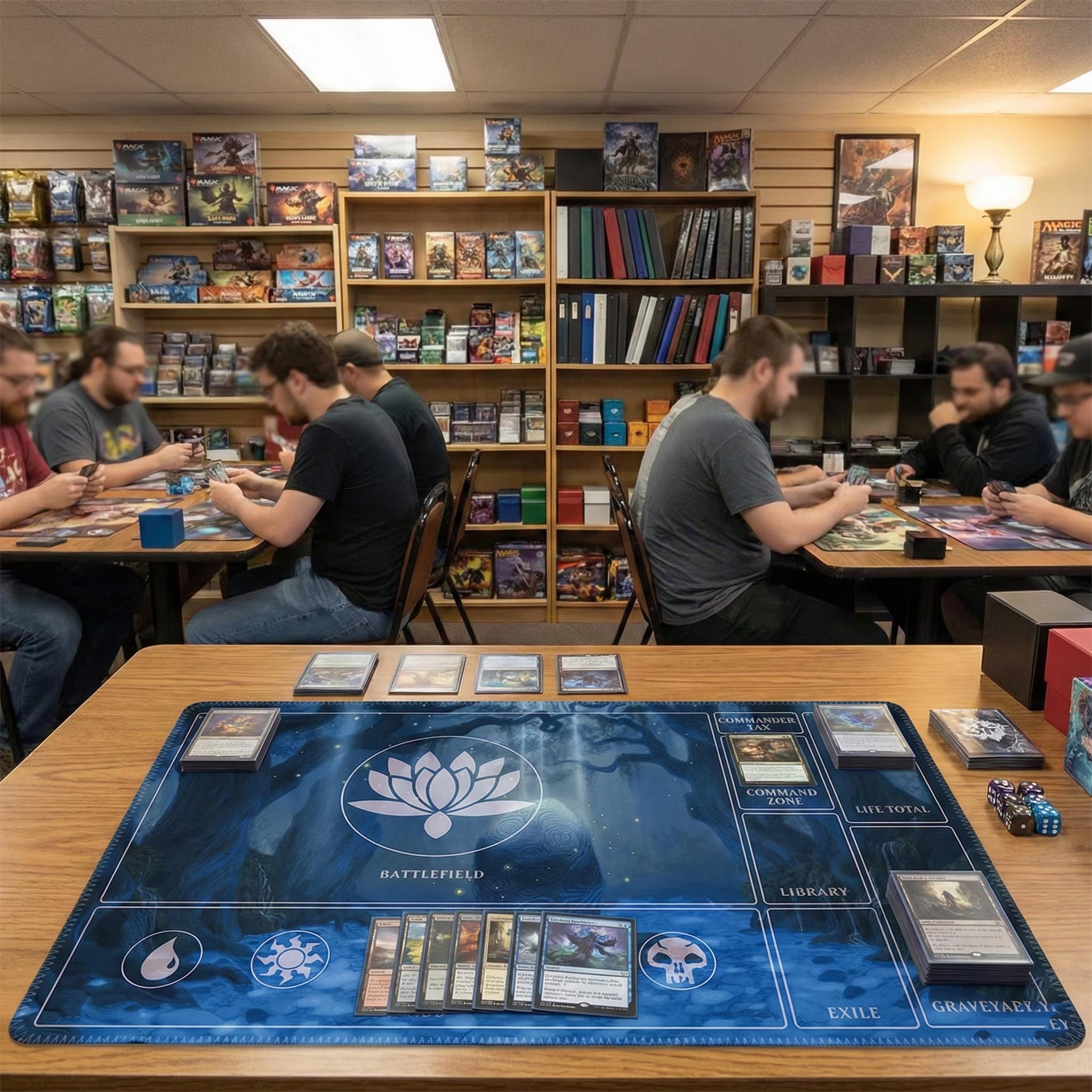 MTG Commander Playmat with Card Zones | Magic the Gathering EDH Gaming Mat | Blue Lotus Mystic Forest Design | TCG Tabletop Desk Mat | 24x14