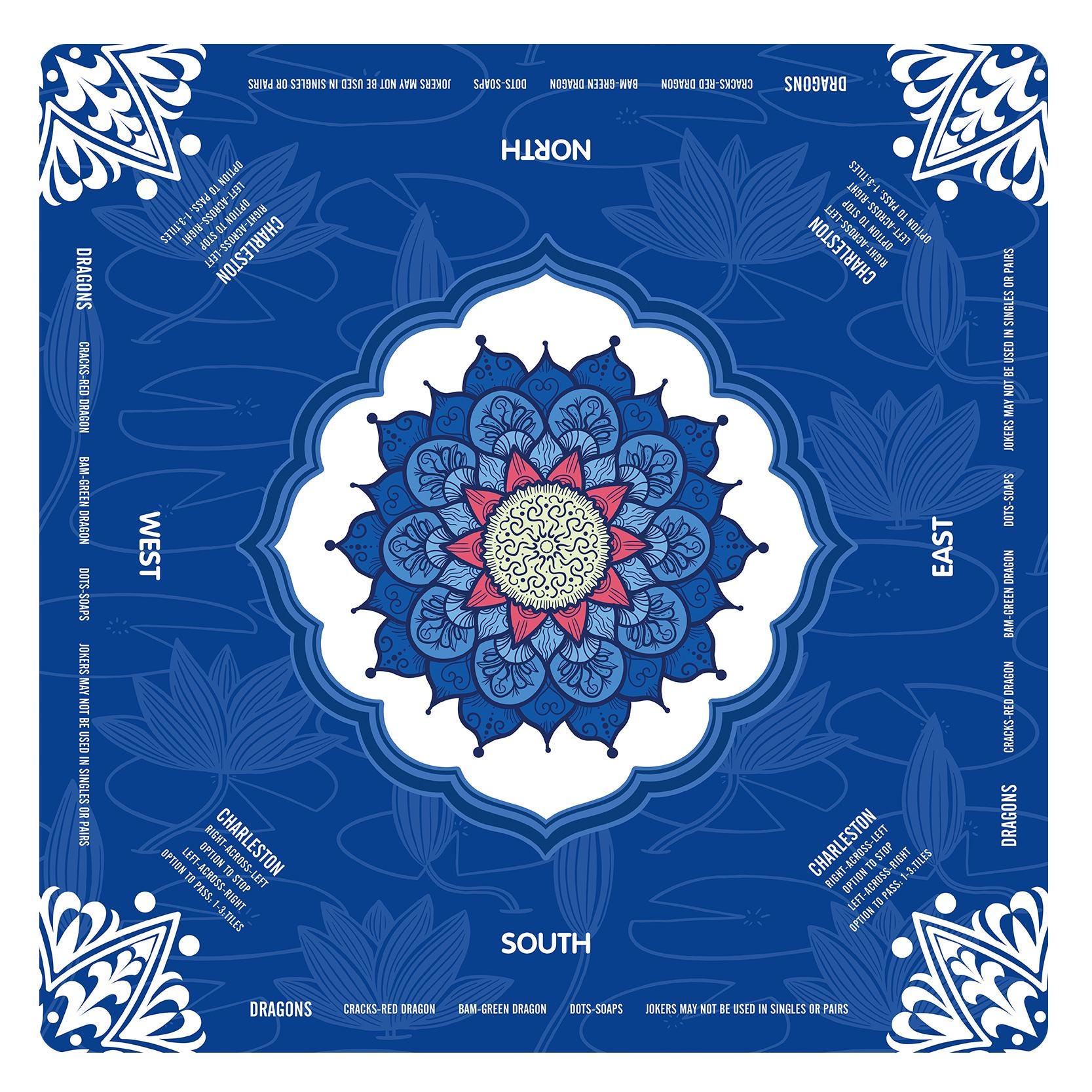 Lotus Flower Mandala Mahjong Mat with Instructions, NMJL Play Mat with Charleston Rules, Mahjong Accessories