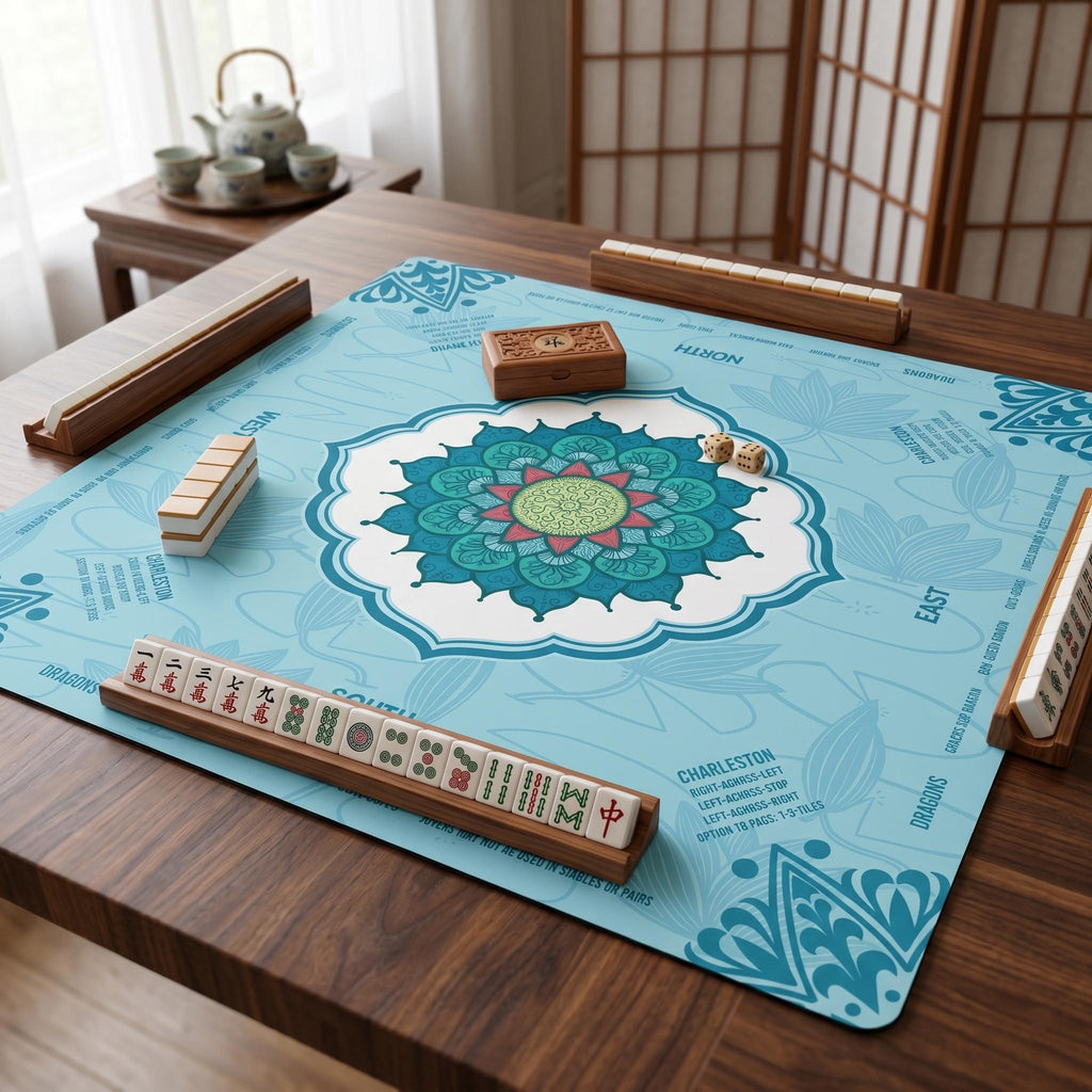 Lotus Flower Mandala Mahjong Mat with Instructions, NMJL Play Mat with Charleston Rules, Mahjong Accessories