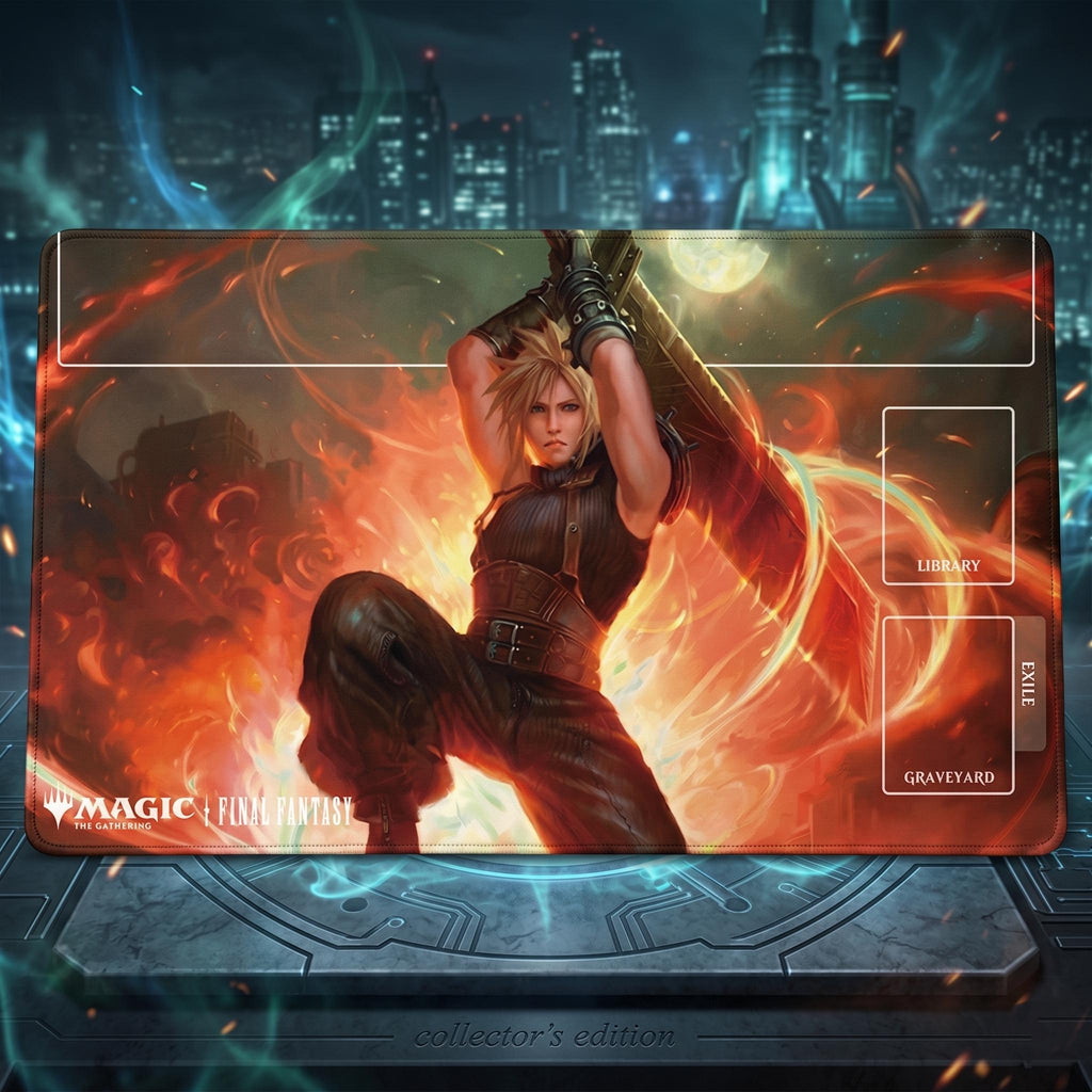 Cloud Strife Final Fantasy Playmat for MTG | FF7 TCG Card Game Mat with Stitched Edges | Magic The Gathering Gaming Desk Mat | 24x14 In