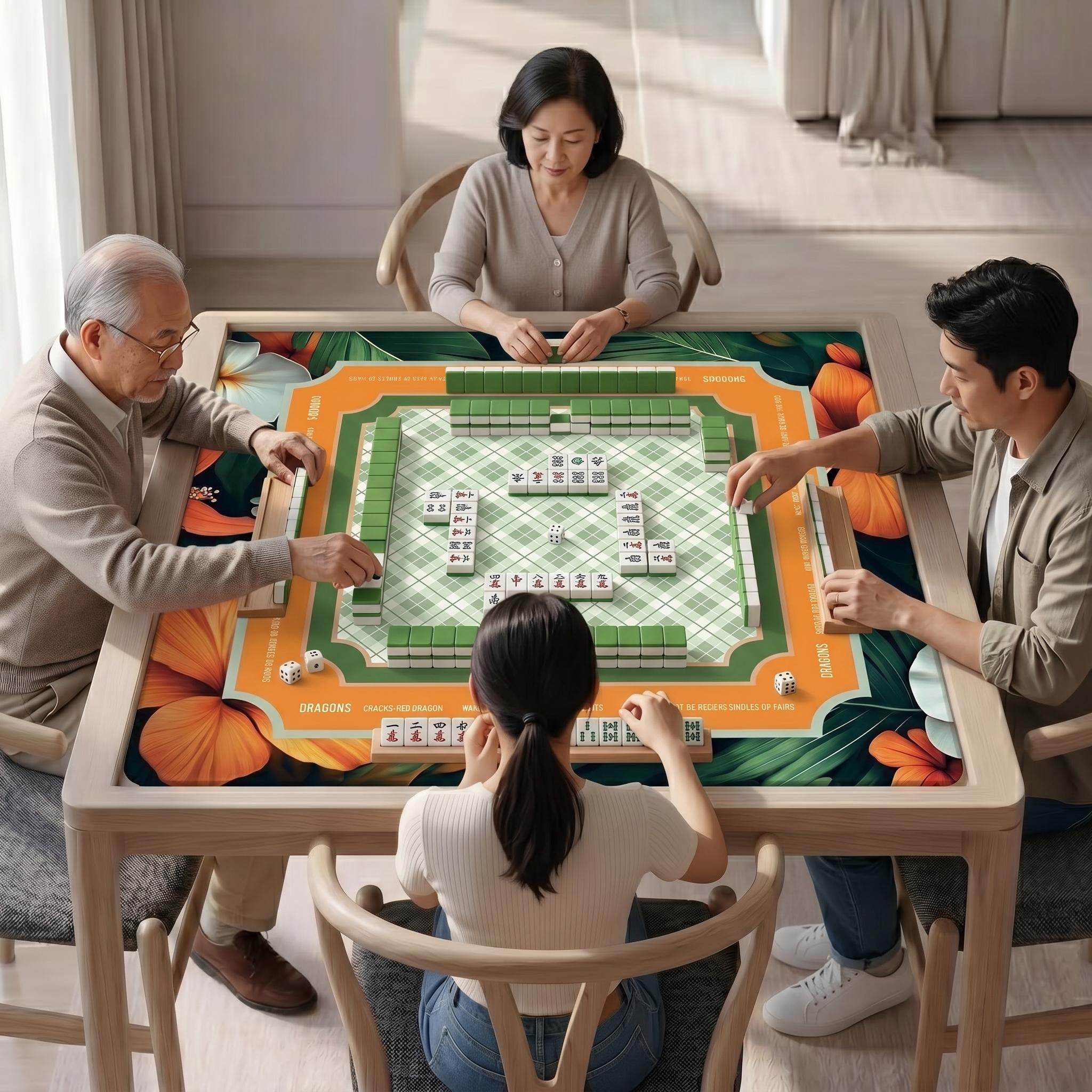 Tropical Botanical Border & Plaid Center Mahjong Playmat with Rule Guide