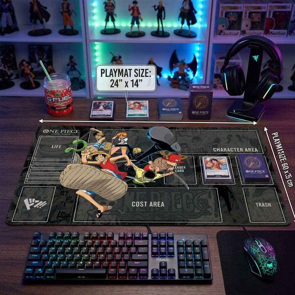 One Piece TCG Playmat with Card Zones | Straw Hat Crew Custom TCG Desk Mat | Luffy Zoro Sanji Nami Chopper Usopp Card Game Mat, Size 24x14