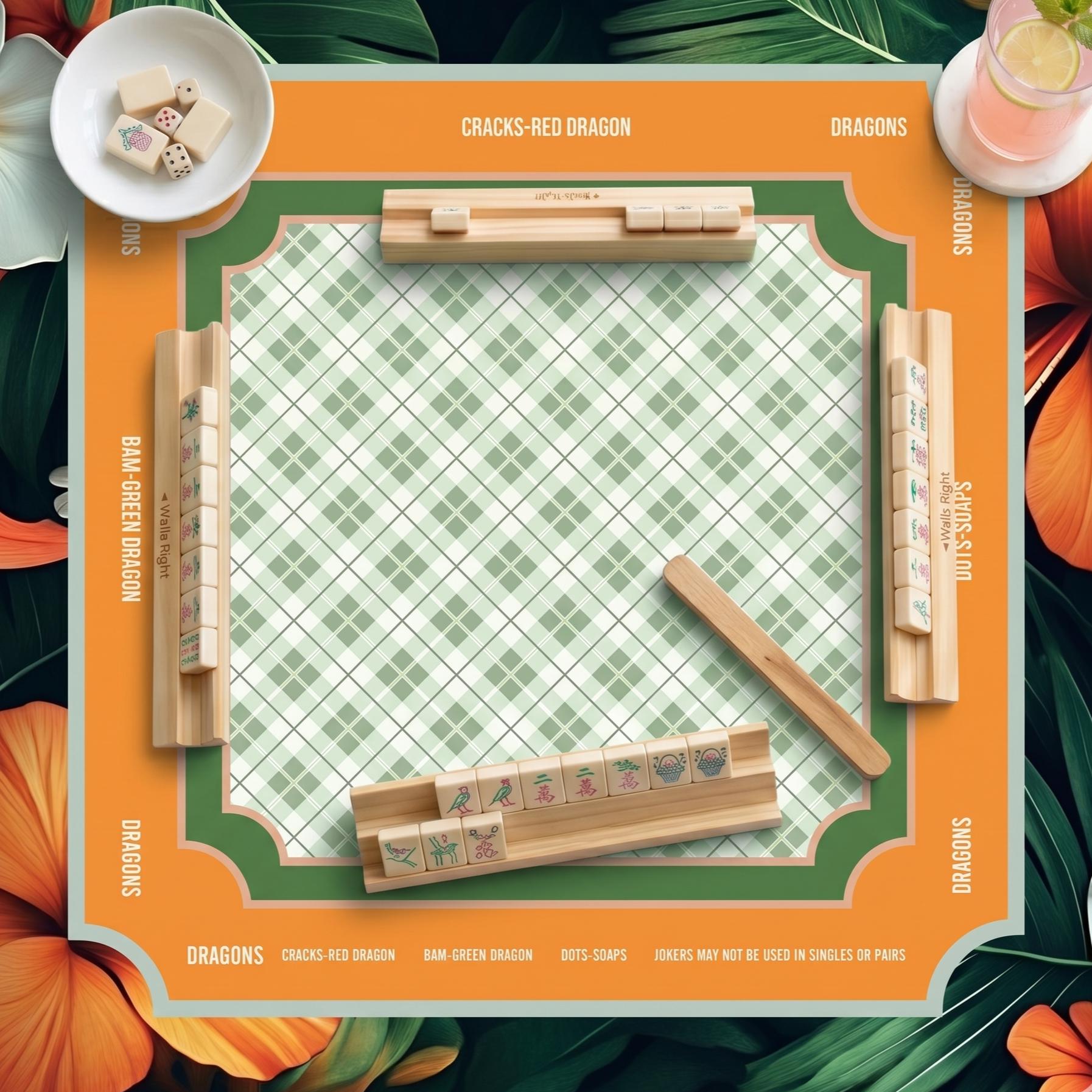 Tropical Botanical Border & Plaid Center Mahjong Playmat with Rule Guide