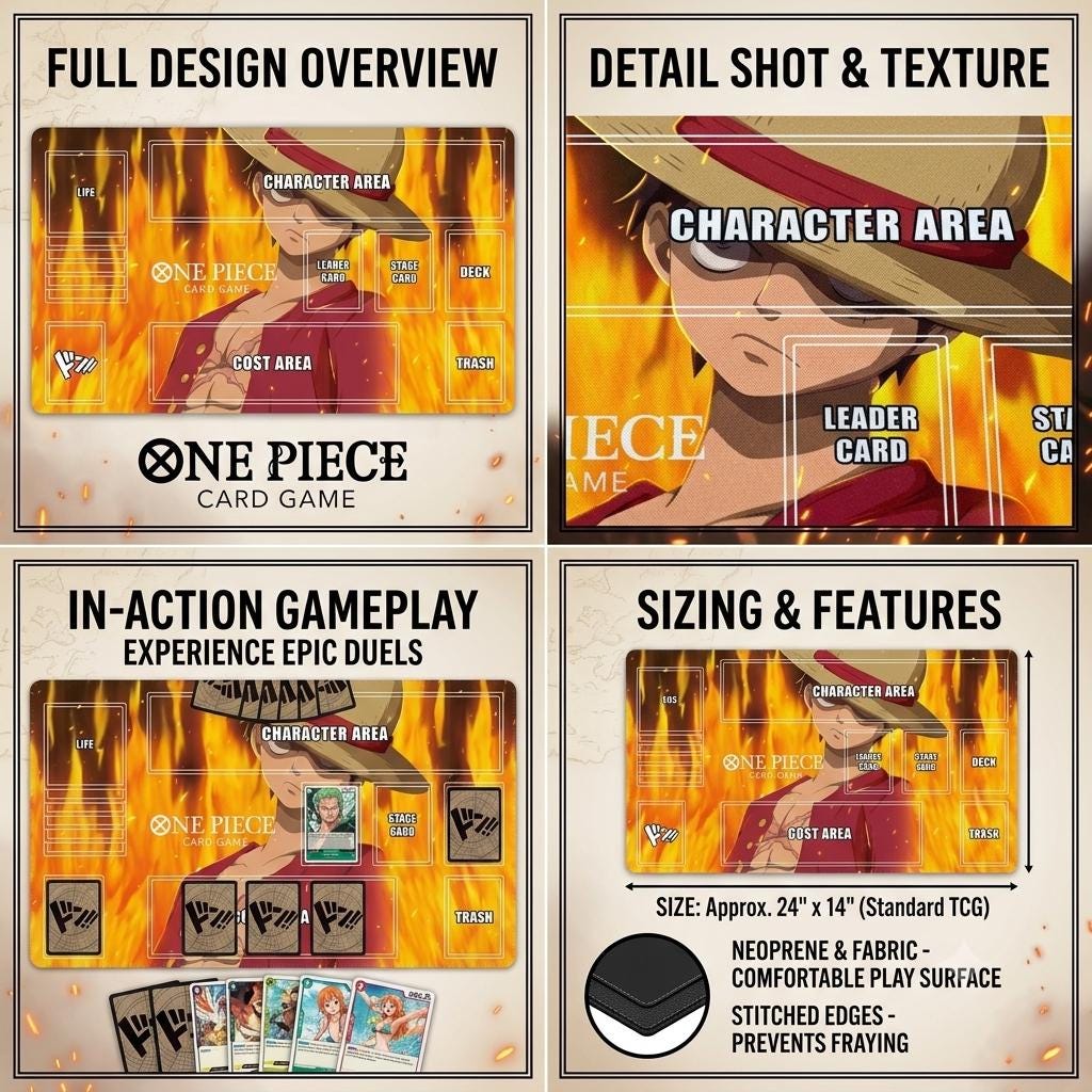 One Piece TCG Playmat with Card Zones, Fiery Luffy Custom Desk Mat, Anime TCG Play Mat for One Piece Card Game, Anime Gift for Gamers