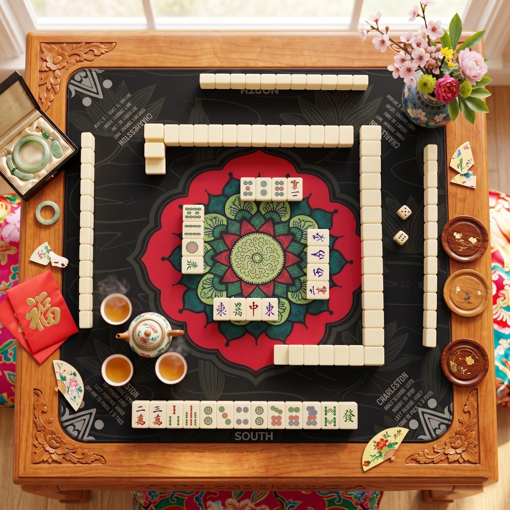 Lotus Flower Mahjong Mat with Instructions | NMJL Play Mat with Charleston Rules | Mahjong Accessories Playmat