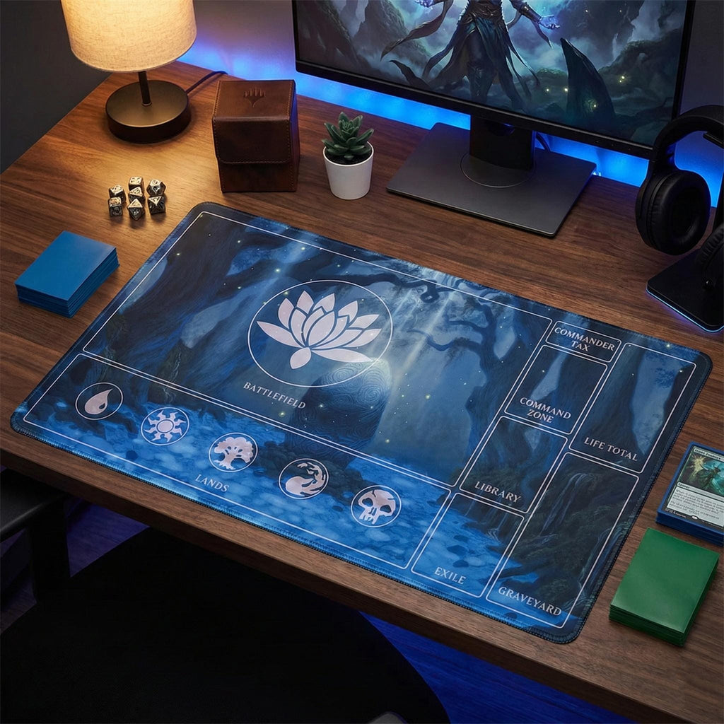 MTG Commander Playmat with Card Zones | Magic the Gathering EDH Gaming Mat | Blue Lotus Mystic Forest Design | TCG Tabletop Desk Mat | 24x14