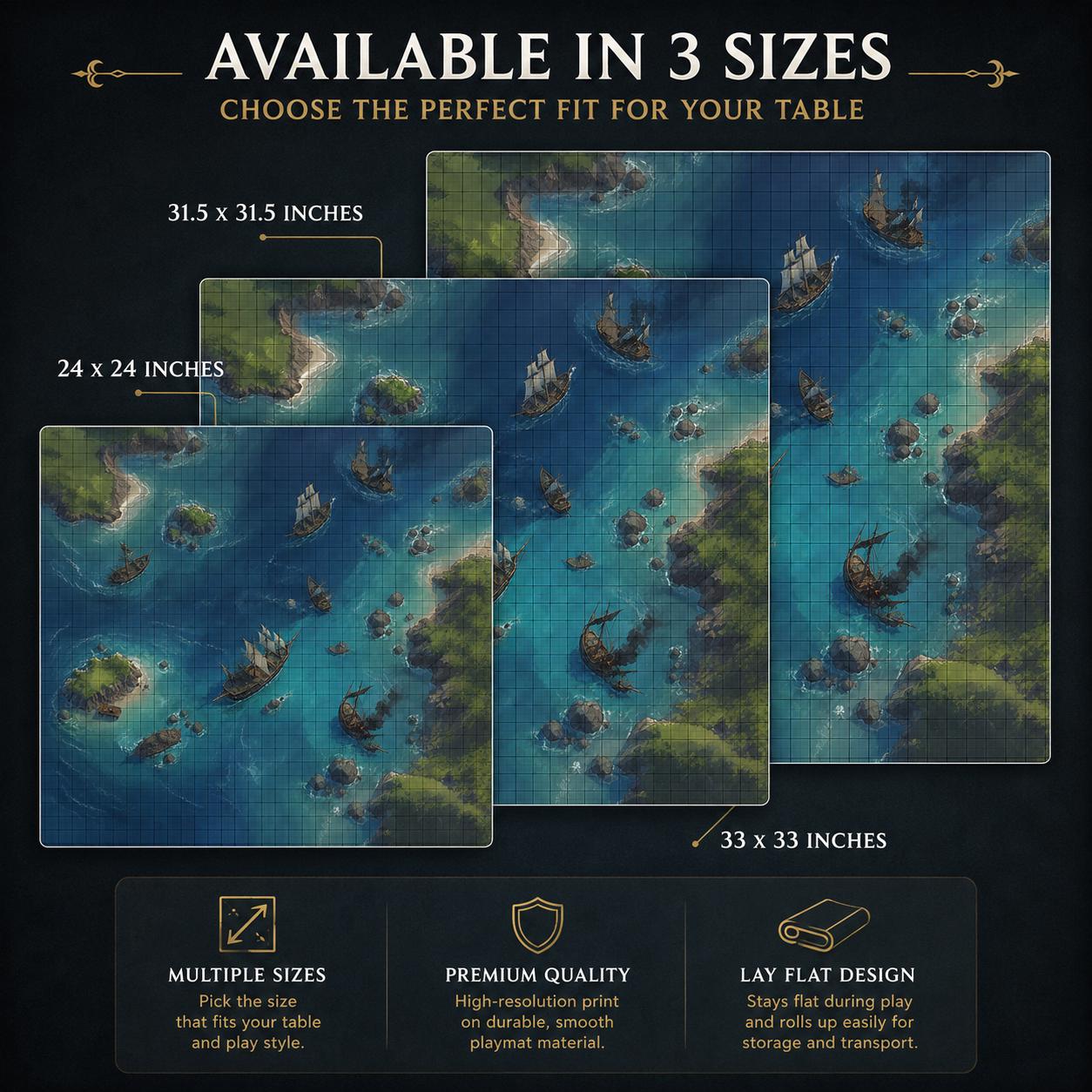 Naval Battle TTRPG Playmat - 24"x24" Tactical Grid Map for D&D - Available in Bigger Sizes