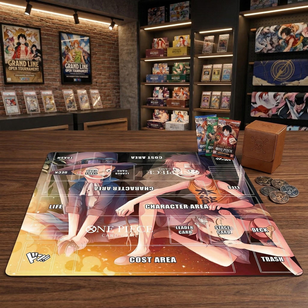 One Piece Card Game Playmat 2-Player -ASL Brothers Ace Sabo Luffy Kid Ver Custom Desk Mat - Double Duel Layout Mat 24 x 24" - Anime Desk Mat