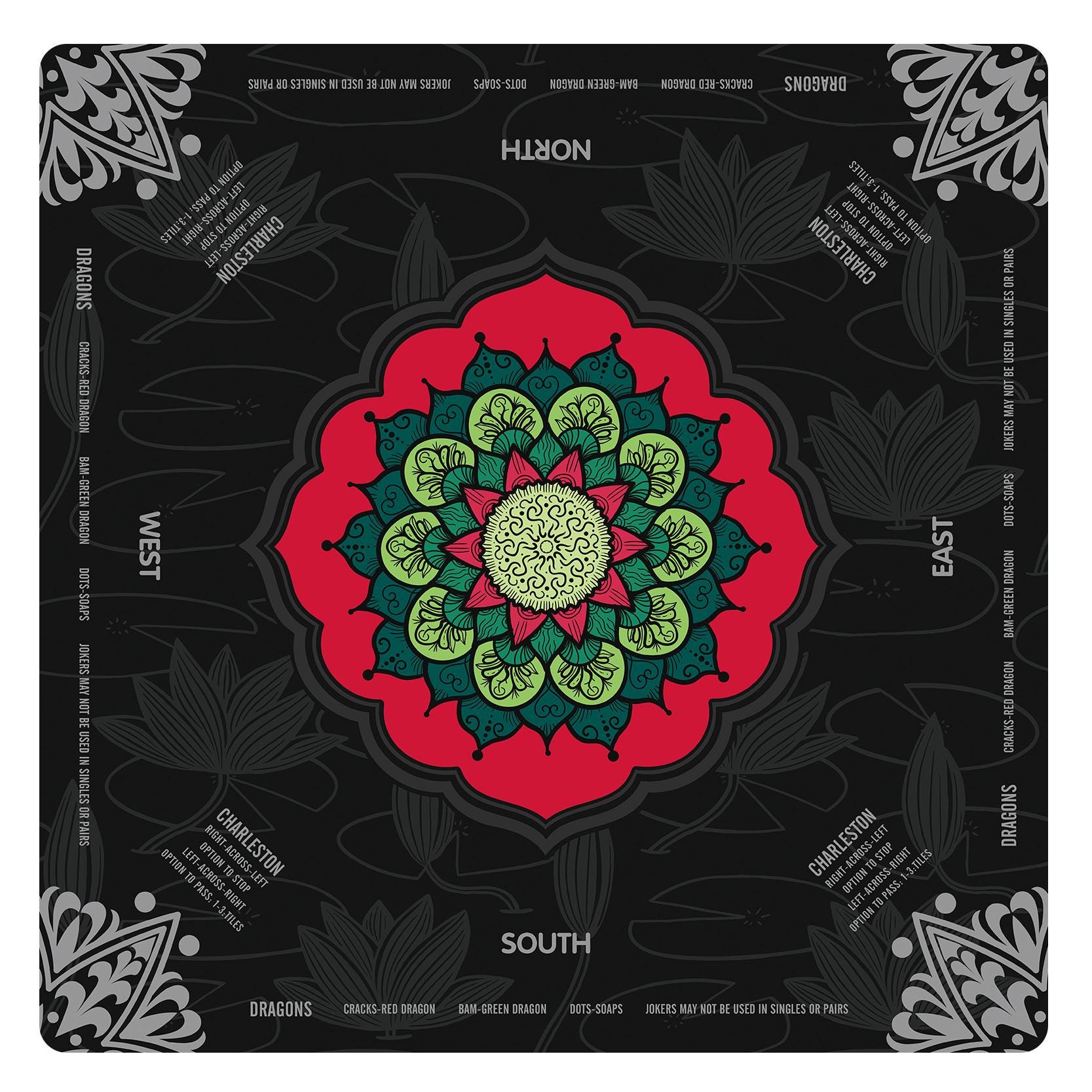 Lotus Flower Mandala Mahjong Mat with Instructions, NMJL Play Mat with Charleston Rules, Mahjong Accessories