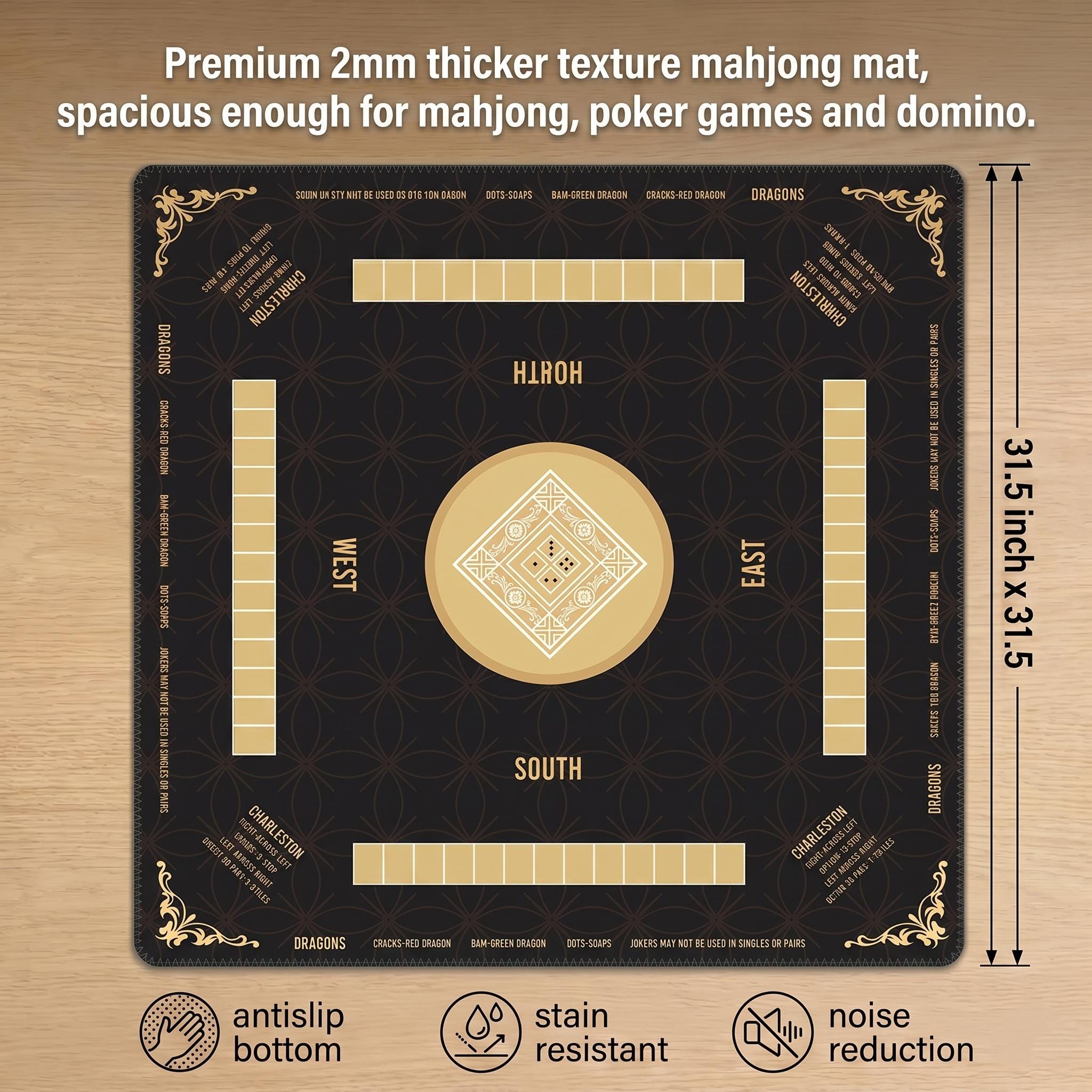 Professional Mahjong Mat with Instructions - Board Game Table Mat - Non-Slip Game Night Table Protector - Gift for Mahjong Players & Hosts