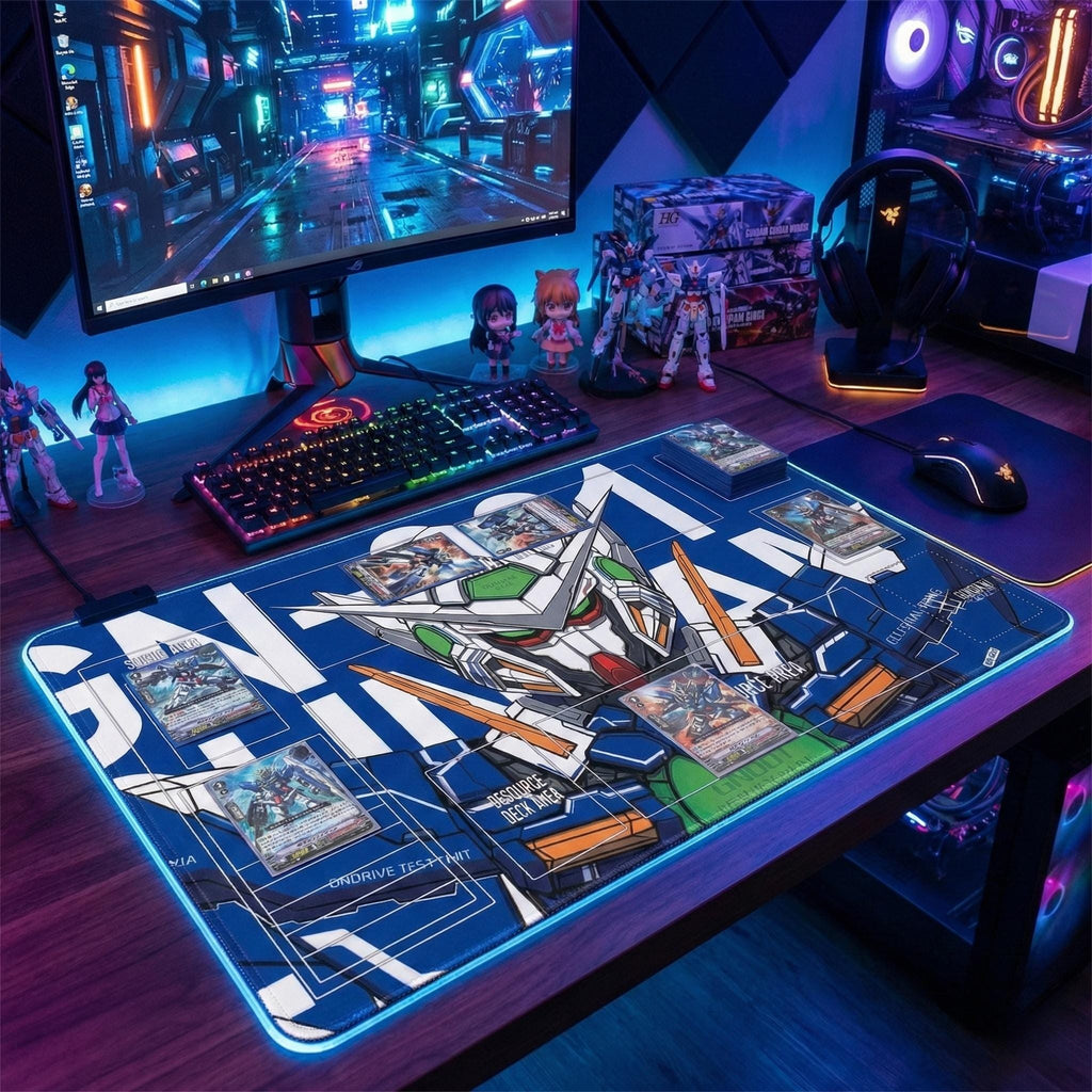 GN-001 Exia Gundam TCG Playmat, 24x14" Mobile Suit Desk Mat, Pro Card Gaming Pad, Fan Art Gamer Gift