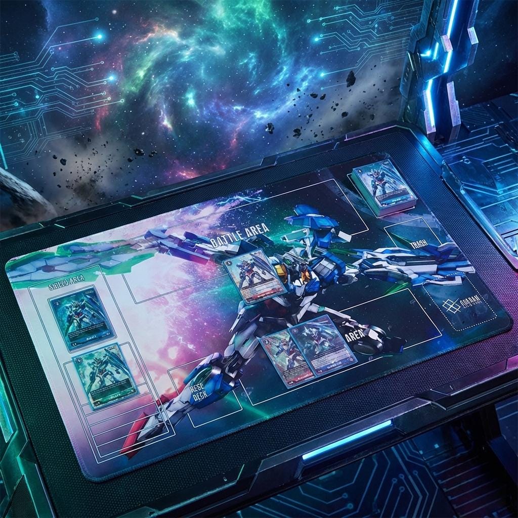 Gundam 00 Qan[T] Playmat, 24x14 Inch Card Gaming Pad, Mecha Mousepad