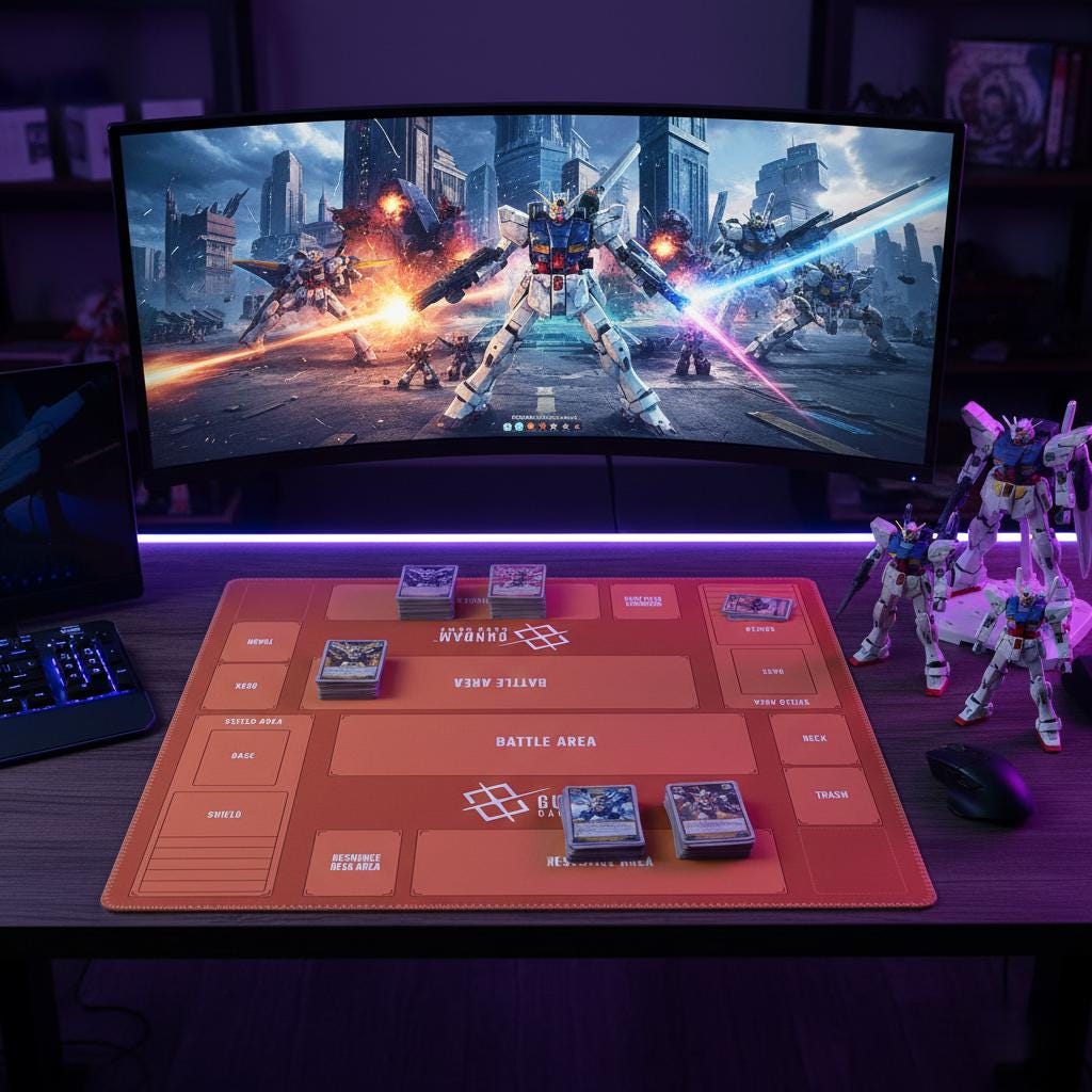 2 Player Gundam Card Game Playmat | Orange TCG Battle Mat, Zones, Stitched Edges