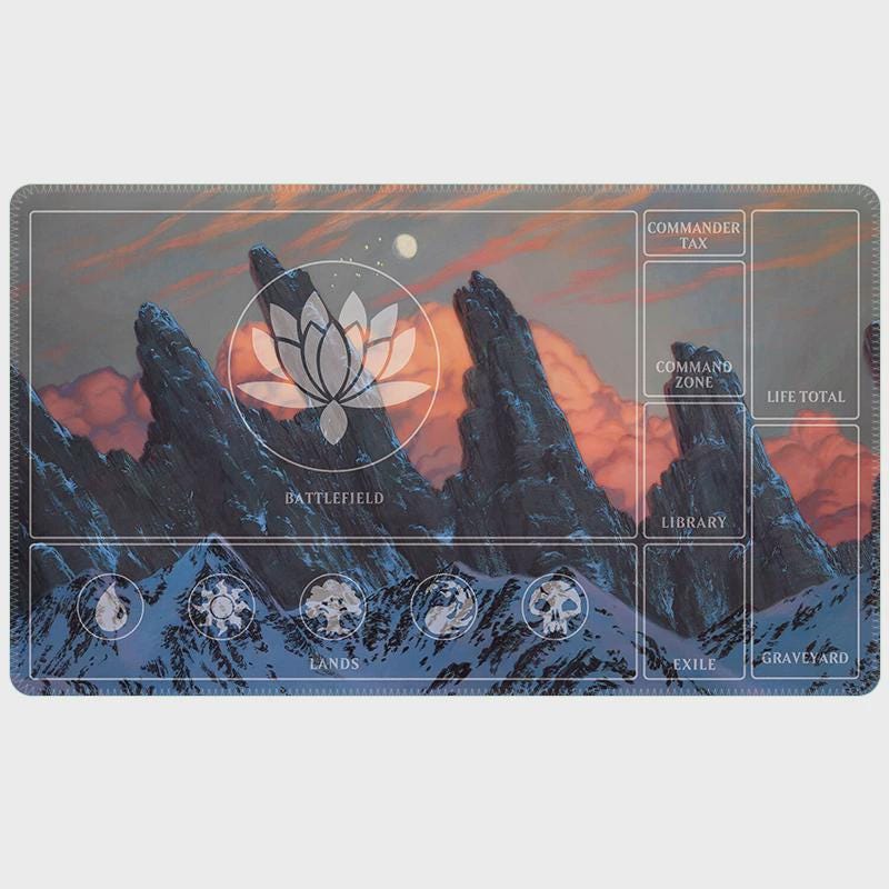 MTG Commander Playmat with Zones | Snowy Mountain Sunset Art | Magic the Gathering EDH Accessories | 5 Color Mana Layout | TCG Desk Mat