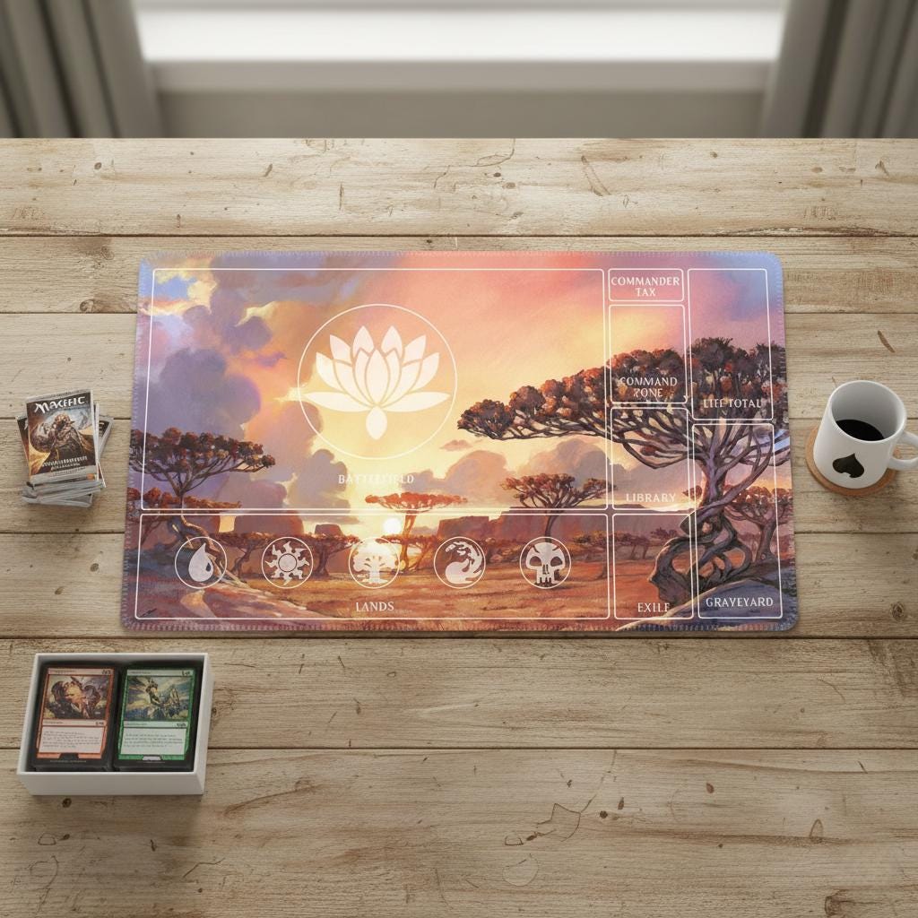 Lotus Flower MTG Mat | Scenic Savanna Art Playmat | 5 Color Mana Zone Layout | Magic The Gathering Commander Surface | TCG Magic