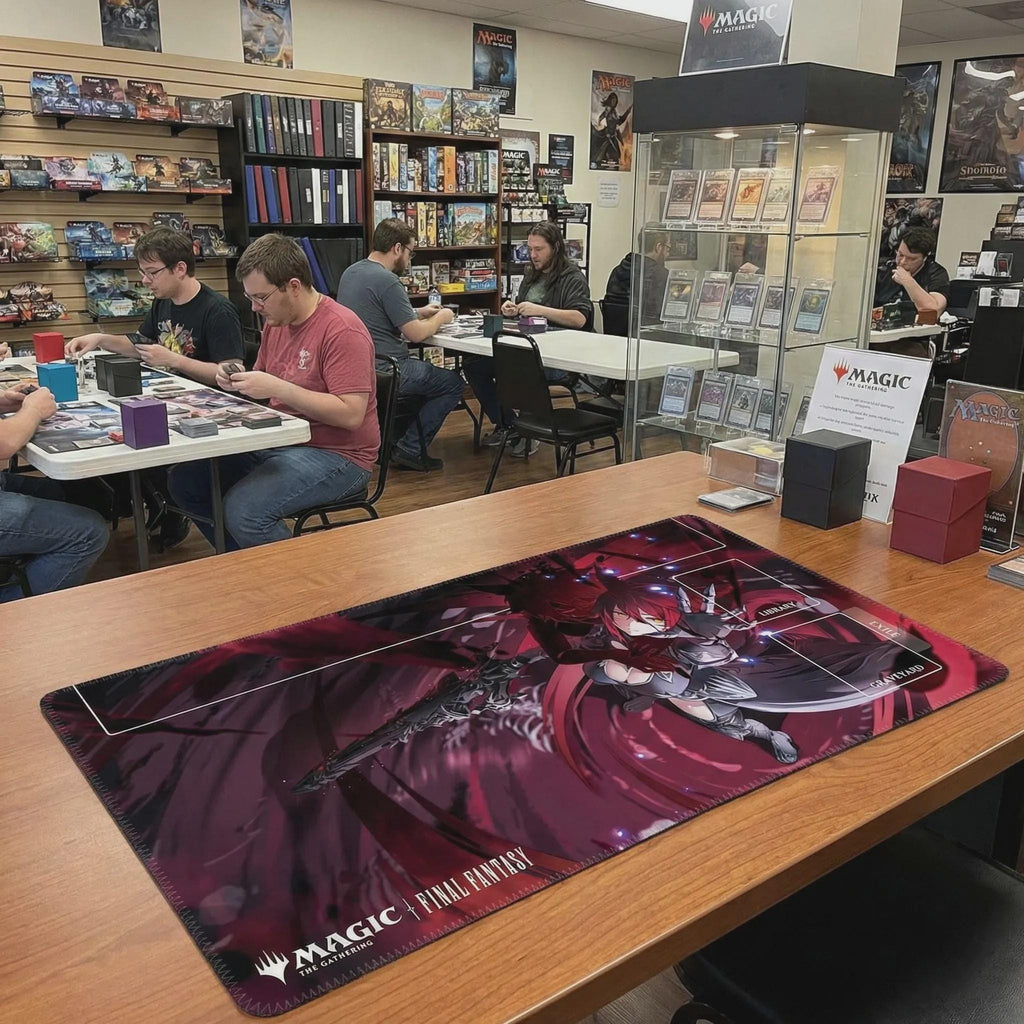 Crimson Anime Warrior Playmat for MTG | TCG Game Mat with Library & Graveyard Zones | Final Fantasy x Magic Style Desk Mat | 24 x 14 inches
