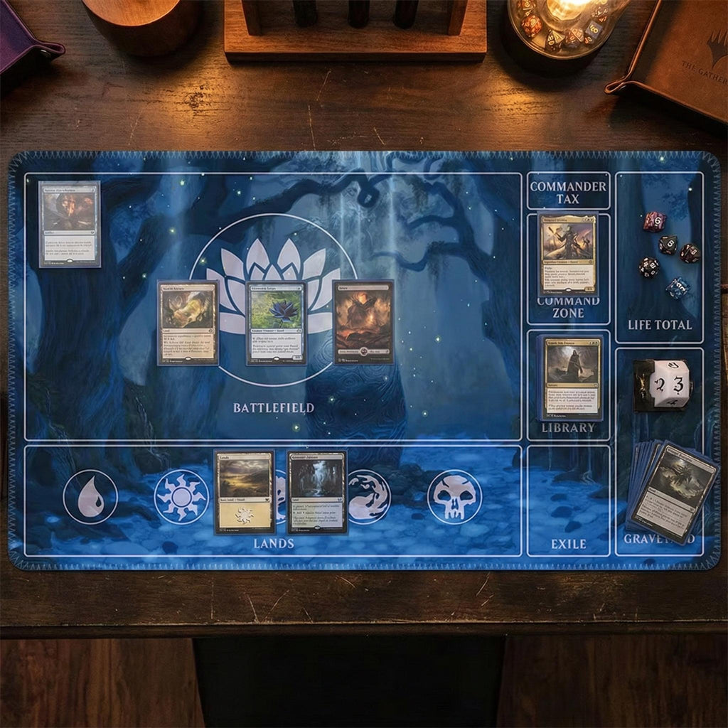 MTG Commander Playmat with Card Zones | Magic the Gathering EDH Gaming Mat | Blue Lotus Mystic Forest Design | TCG Tabletop Desk Mat | 24x14